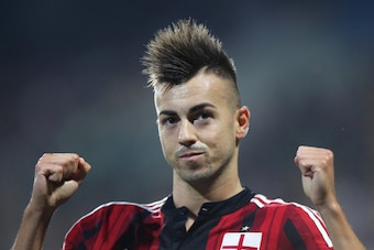 REGGIO NELL'EMILIA, ITALY - AUGUST 23:  Stephan El Shaarawy of AC Milan celebrates after scoring the second team's goal during the TIM Preseason Tournament between US Sassuolo, FC Juventus and AC Milan at Mapei Stadium - Citta' del Tricolore on August 23,