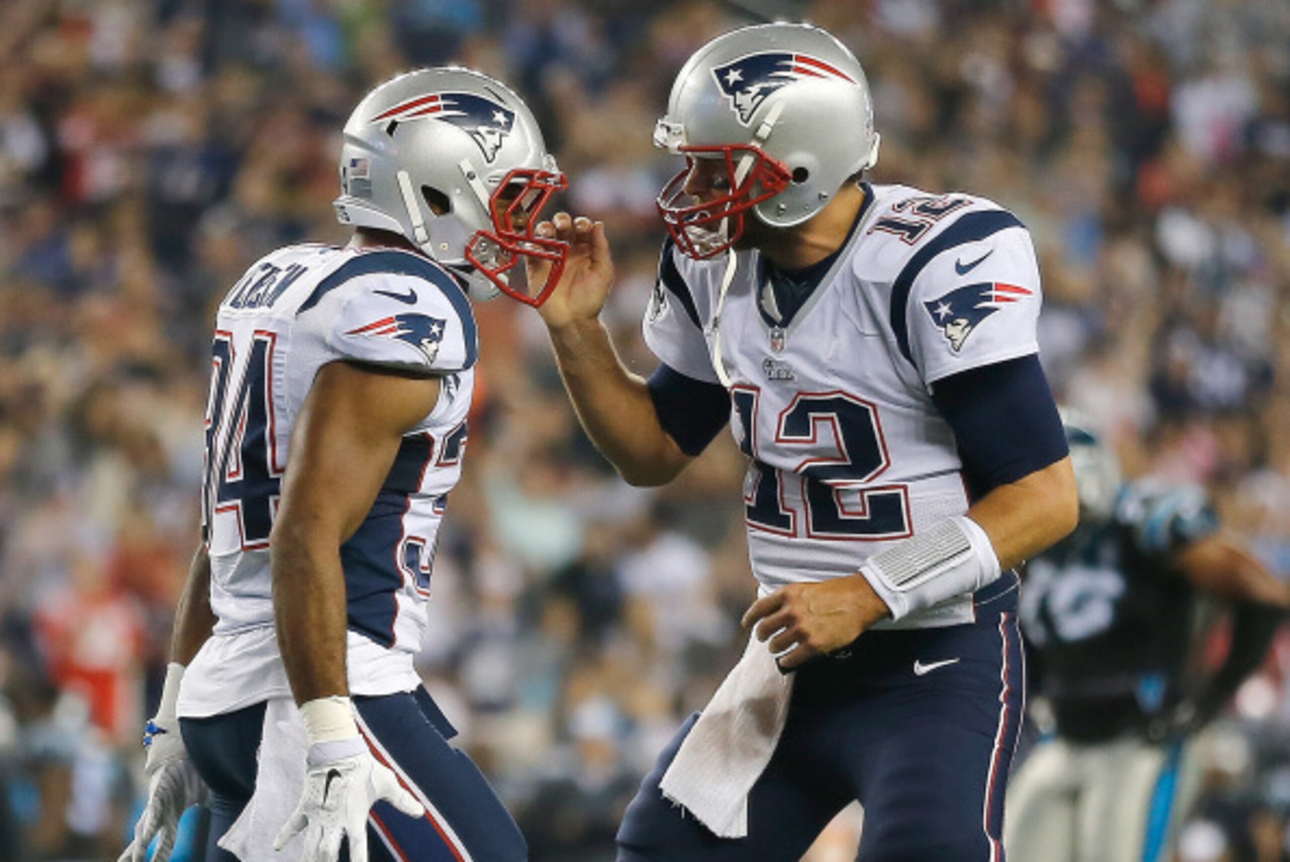 FOXBORO, MA - AUGUST 22: Shane Vereen #34 of the New England Patriots celebrates his touchdown with Tom Brady #12 during a preseason game with the Carolina Panthers in the second quarter at Gillette Stadium on August 22, 2014 in Foxboro, Massachusetts. FOXBORO, MA - AUGUST 22: Shane Vereen #34 of the New England Patriots celebrates his touchdown with Tom Brady #12 during a preseason game with the Carolina Panthers in the second quarter at Gillette Stadium on August 22, 2014 in Foxboro, Massachusetts.