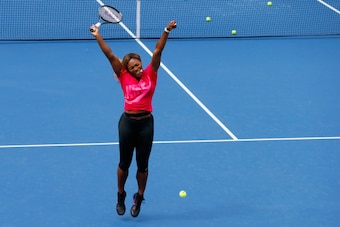NEW YORK, NY - AUGUST 23:  Serena Williams of the United States celebrates during the Xerox Performance Challenge during Arthur Ashe Kids' Day prior to the start of the 2014 U.S. Open at the USTA Billie Jean King National Tennis Center on August 23, 2014 