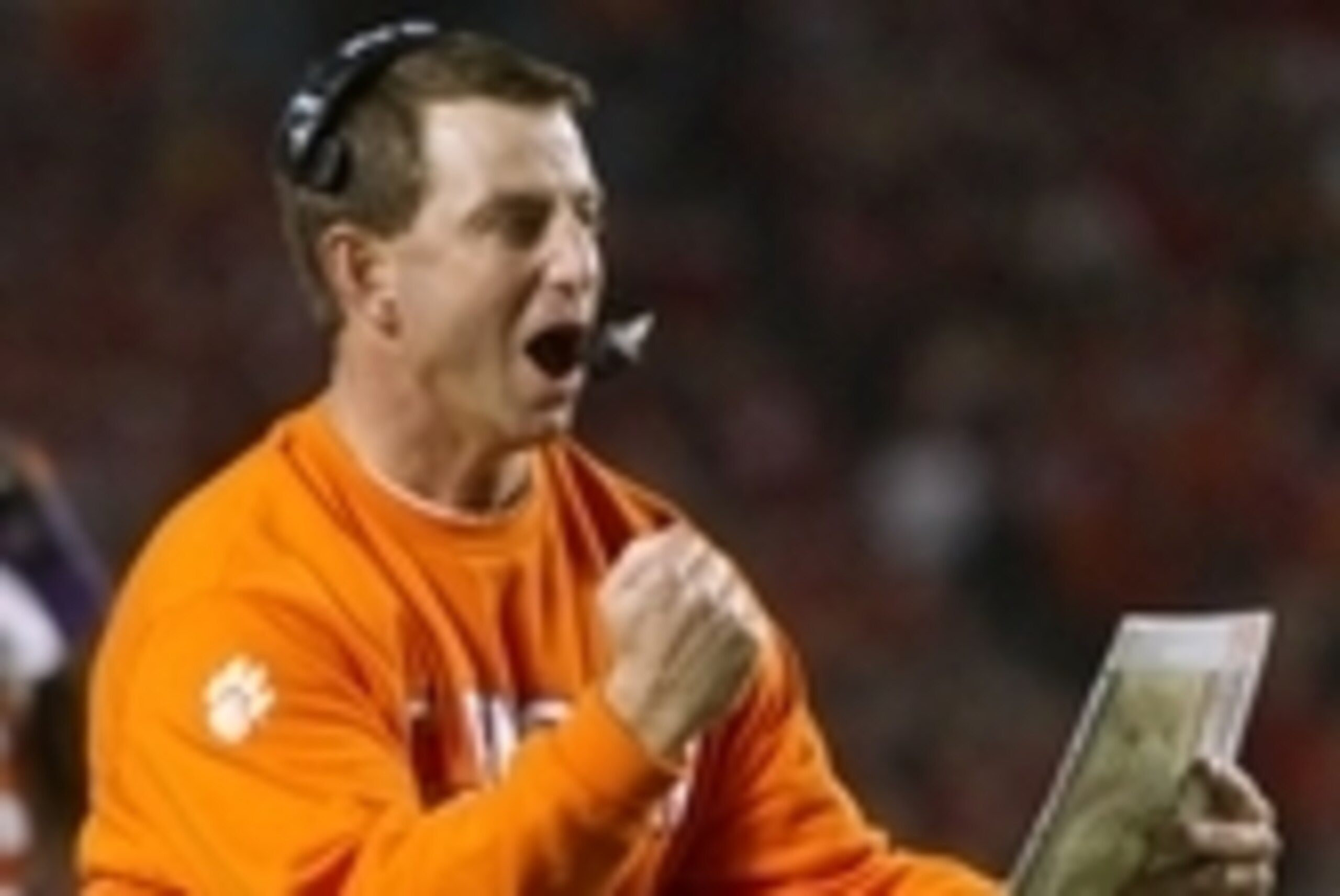 Jan 3, 2014; Miami Gardens, FL, USA; Clemson Tigers head coach Dabo Swinney reacts during the second half in the 2014 Orange Bowl college football game against the Ohio State Buckeyes at Sun Life Stadium. Mandatory Credit: Joshua S. Kelly-USA TODAY Sports Jan 3, 2014; Miami Gardens, FL, USA; Clemson Tigers head coach Dabo Swinney reacts during the second half in the 2014 Orange Bowl college football game against the Ohio State Buckeyes at Sun Life Stadium. Mandatory Credit: Joshua S. Kelly-USA TODAY Sports