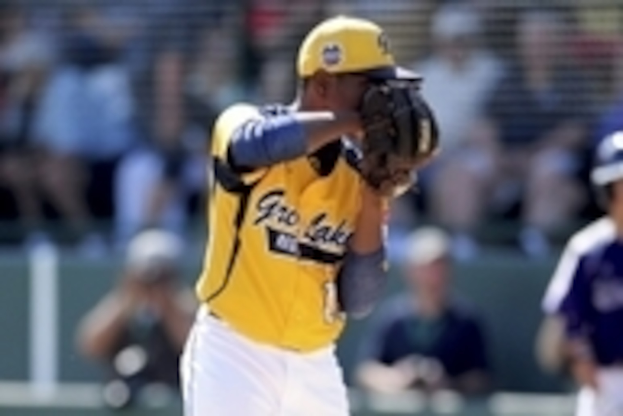 Aug 24, 2014; South Williamsport, PA, USA; Great Lakes Region pitcher Brandon Green (14) prepares to throw a pitch in the second inning against the Asia-Pacific Region at Howard J. Lamade Stadium. Mandatory Credit: Evan Habeeb-USA TODAY Sports