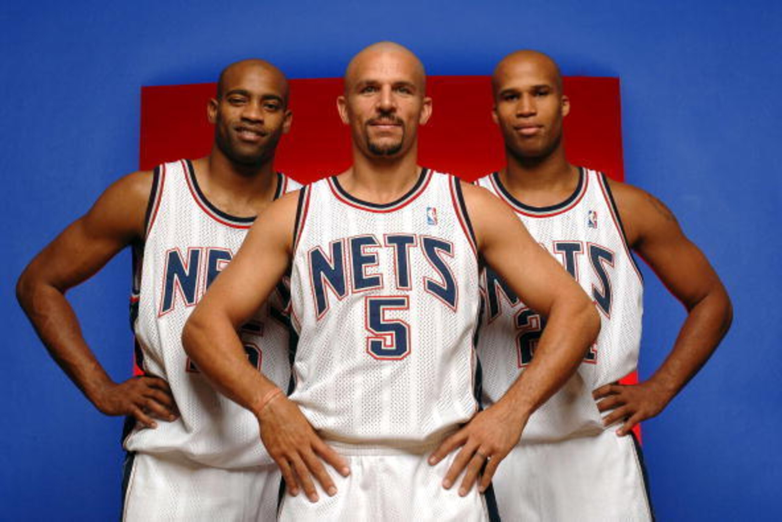 EAST RUTHERFORD, NJ - OCTOBER 3:  Vince Carter #15, Jason Kidd #5 and Richard Jefferson #24 of the New Jersey Nets pose during the Nets Media Day on October 3, 2005 in East Rutherford, New Jersey.  NOTE TO USER: User expressly acknowledges and agrees that
