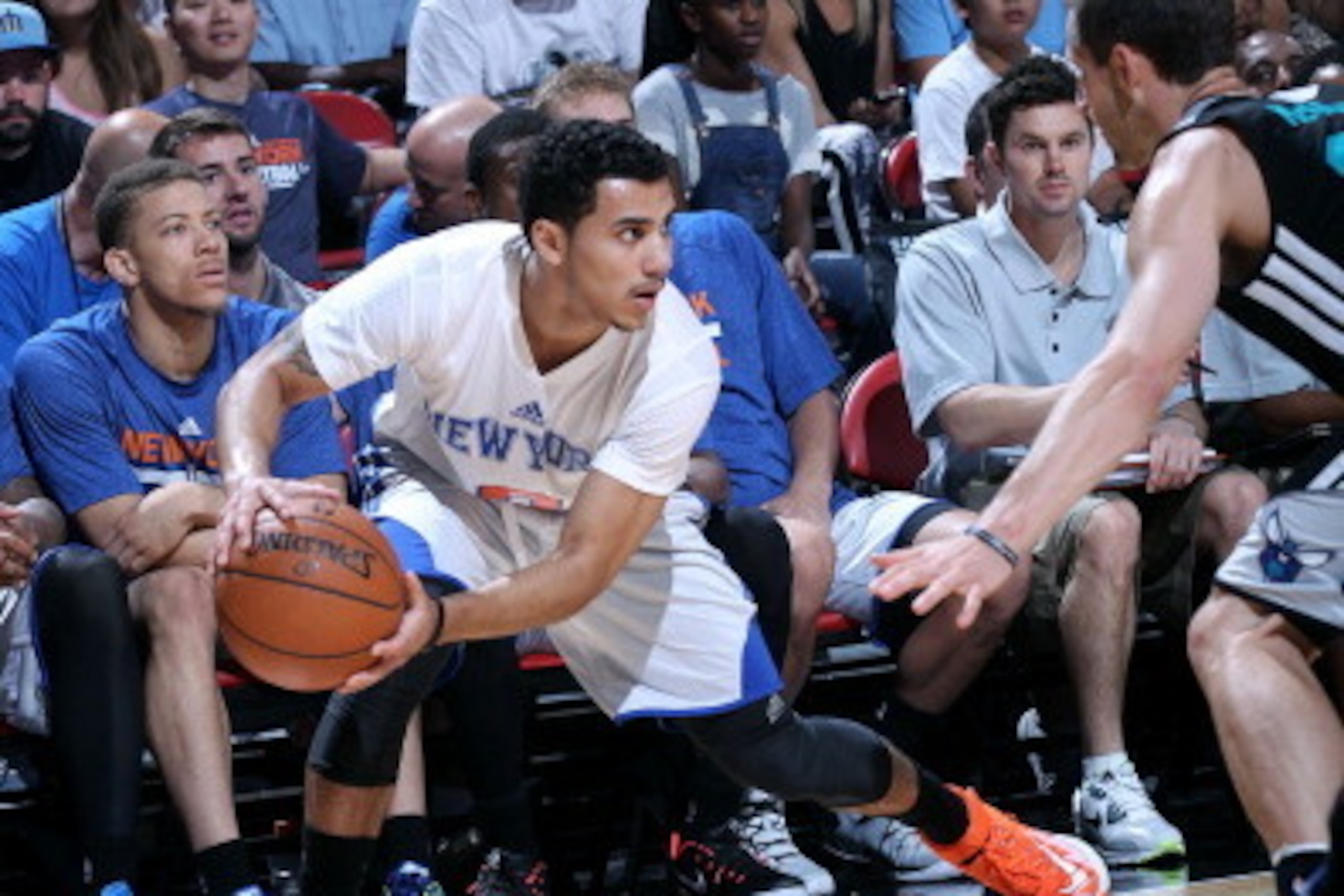 LAS VEGAS, NV - JULY 19: Shane Larkin #0 of the New York Knicks handles the ball against the Charlotte Hornets during the Samsung NBA Summer League 2014 on July 19, 2014 at the Cox Pavilion in Las Vegas, Nevada. NOTE TO USER: User expressly acknowledges a