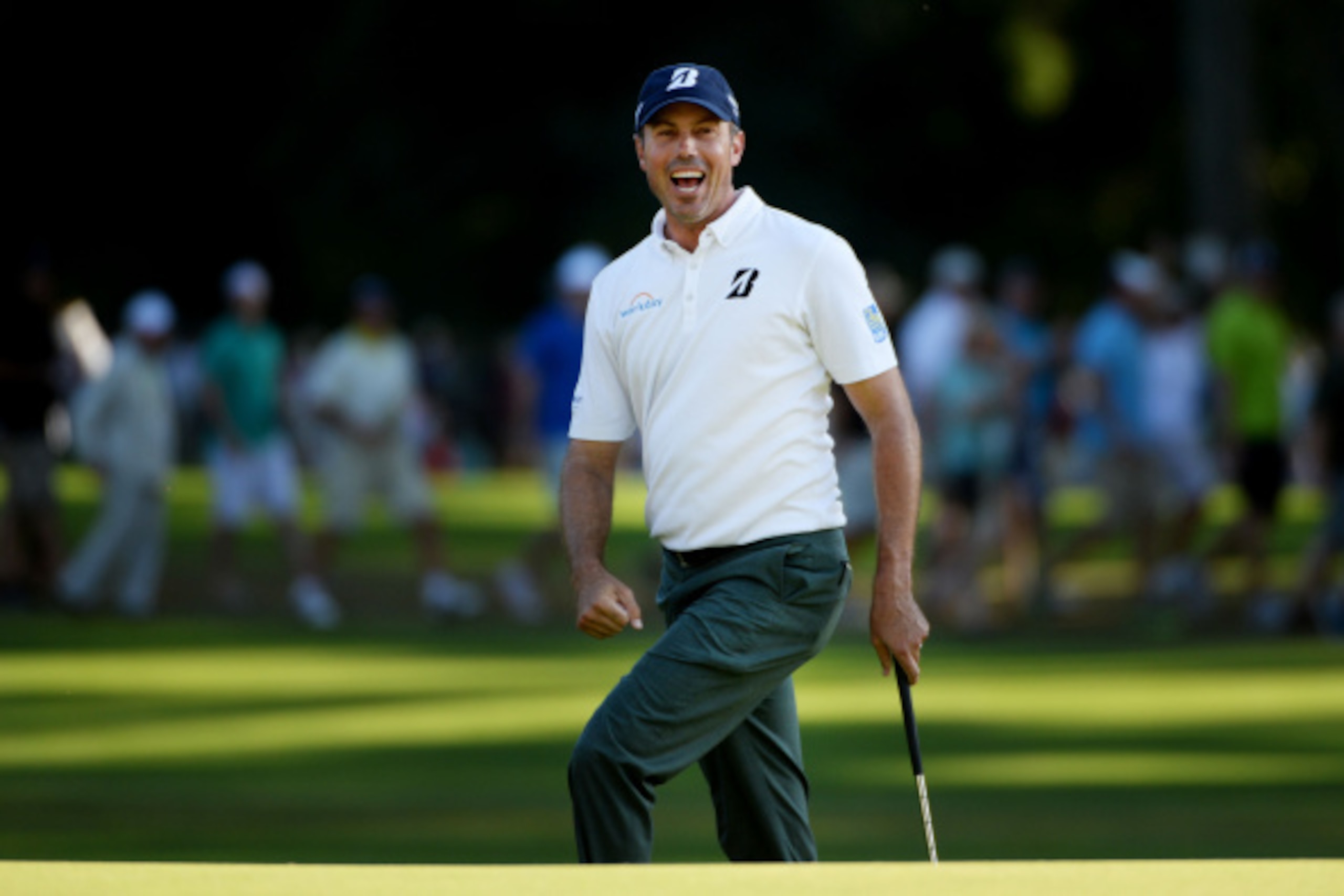 PARAMUS, NJ - AUGUST 24:  Matt Kuchar celebrates after chipping for birdie on the 18th hole during the final round of The Barclays at The Ridgewood Country Club on August 24, 2014 in Paramus, New Jersey.  (Photo by Ross Kinnaird/Getty Images)