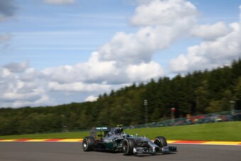 SPA, BELGIUM - AUGUST 24:  Nico Rosberg of Germany and Mercedes GP drives during the Belgian Grand Prix at Circuit de Spa-Francorchamps on August 24, 2014 in Spa, Belgium.  (Photo by Clive Mason/Getty Images)