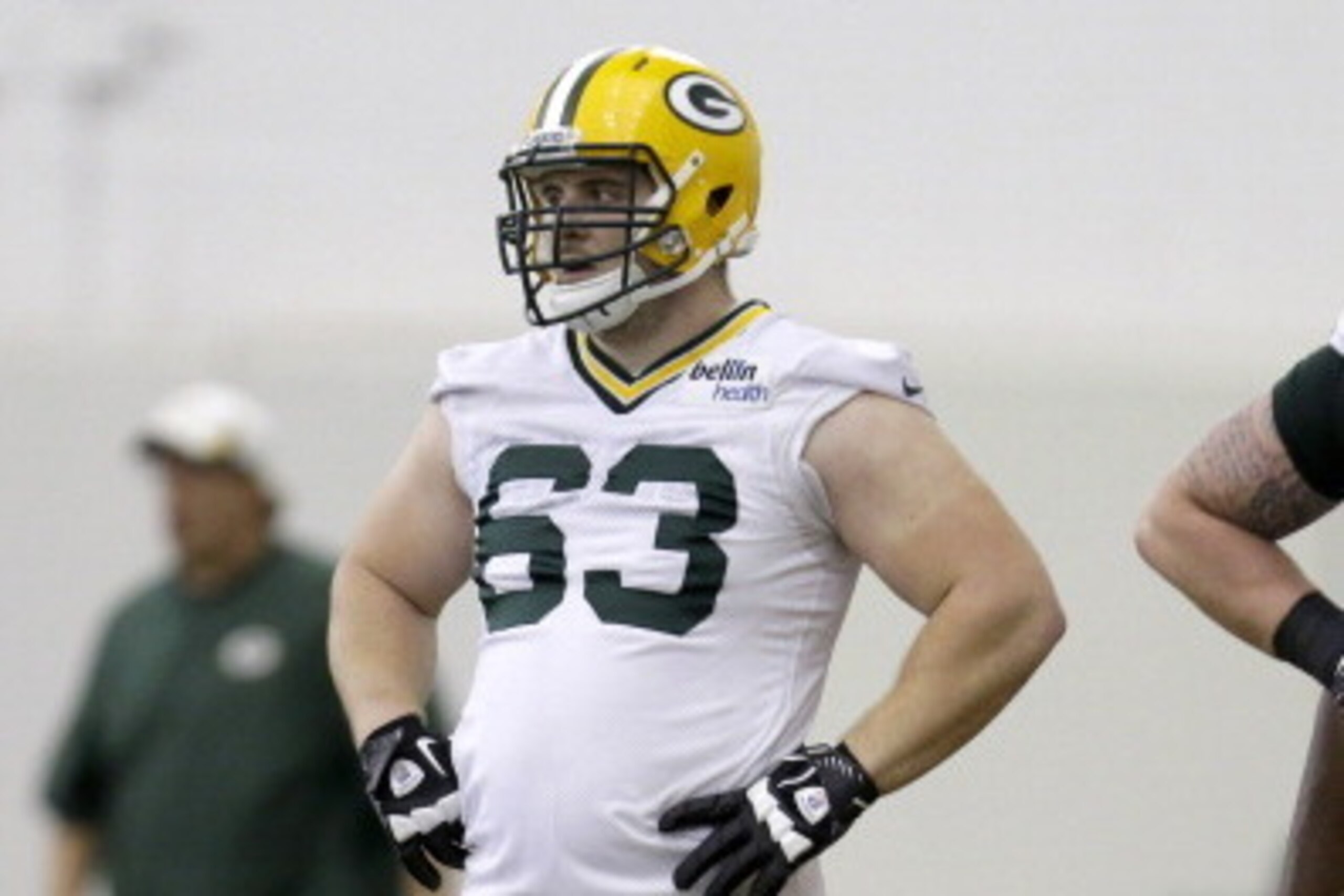 GREEN BAY, WI - MAY 16: Corey Linsley #63 of the Green Bay Packers runs through drills during rookie mini camp at Don Hudson Center on May 16, 2014 in Green Bay, Wisconsin. (Photo by Mike McGinnis/Getty Images)