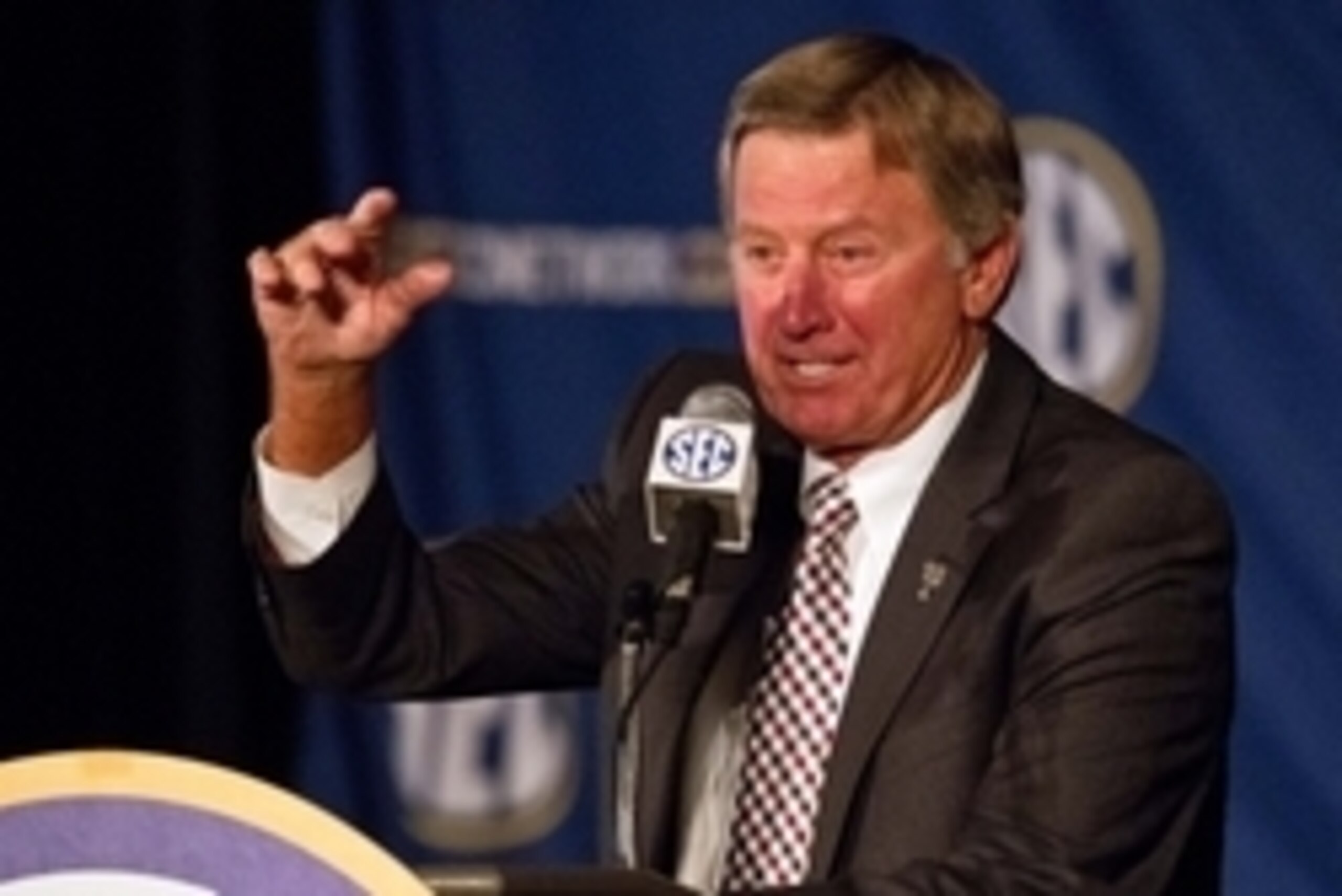 Jul 15, 2014; Hoover, AL, USA; South Carolina Gamecocks head coach Steve Spurrier talks to the media during the SEC Football Media Days at the Wynfrey Hotel. Mandatory Credit: Marvin Gentry-USA TODAY Sports