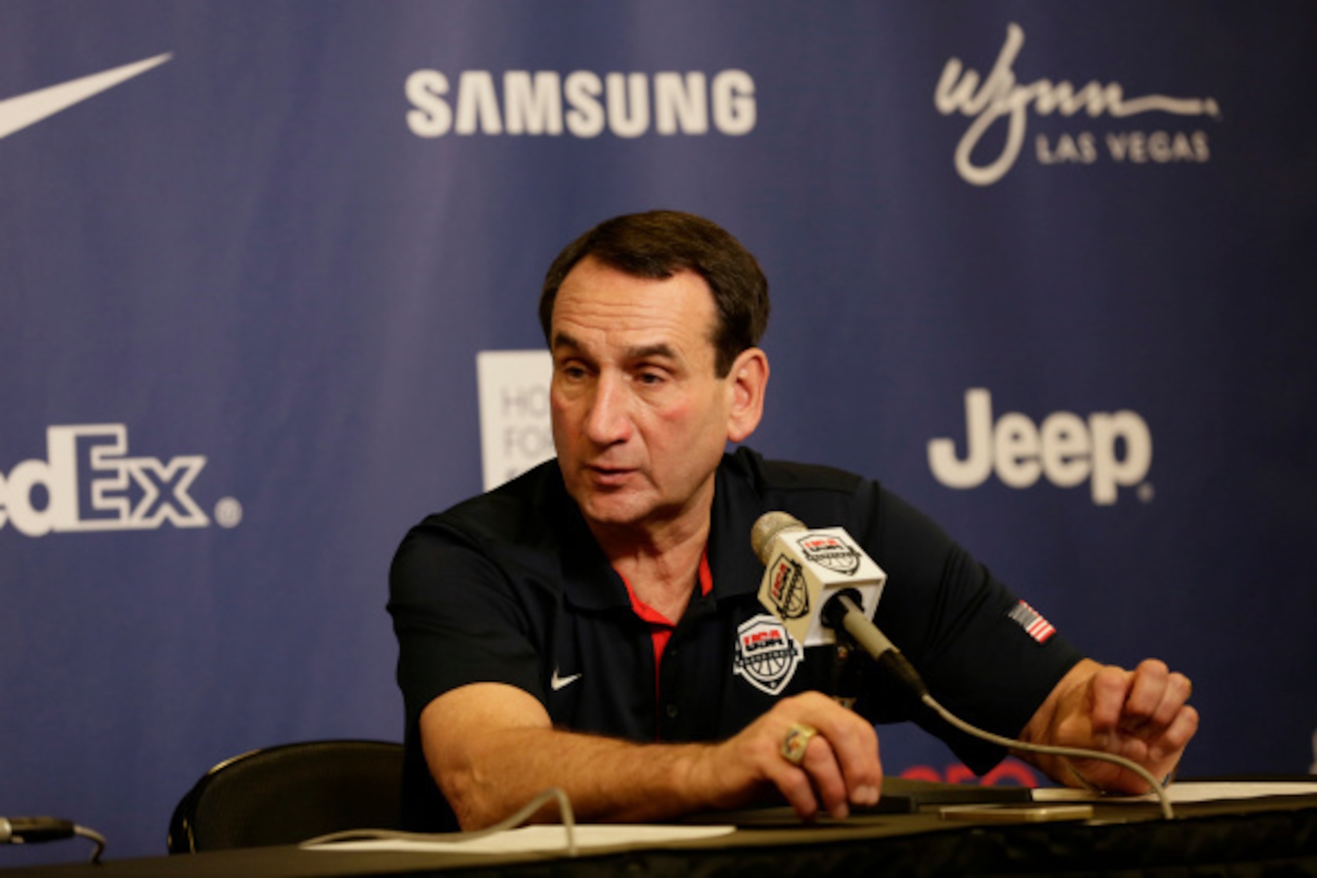 NEW YORK, NY - AUGUST 22: Head Coach Mike Krzyzewski of the USA Basketball Men's National Team speaks to the media after the game against the Puerto Rico National Team on August 22, 2014 at Madison Square Garden in New York City.  NOTE TO USER: User expre