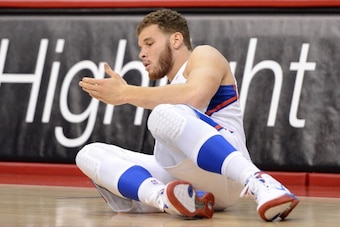 LOS ANGELES, CA - MAY 20:  Blake Griffin #32 of the Los Angeles Clippers reacts after getting cut in the second quarter while taking on the San Antonio Spurs in Game Four of the Western Conference Semifinals in the 2012 NBA Playoffs on May 20, 2011 at Sta