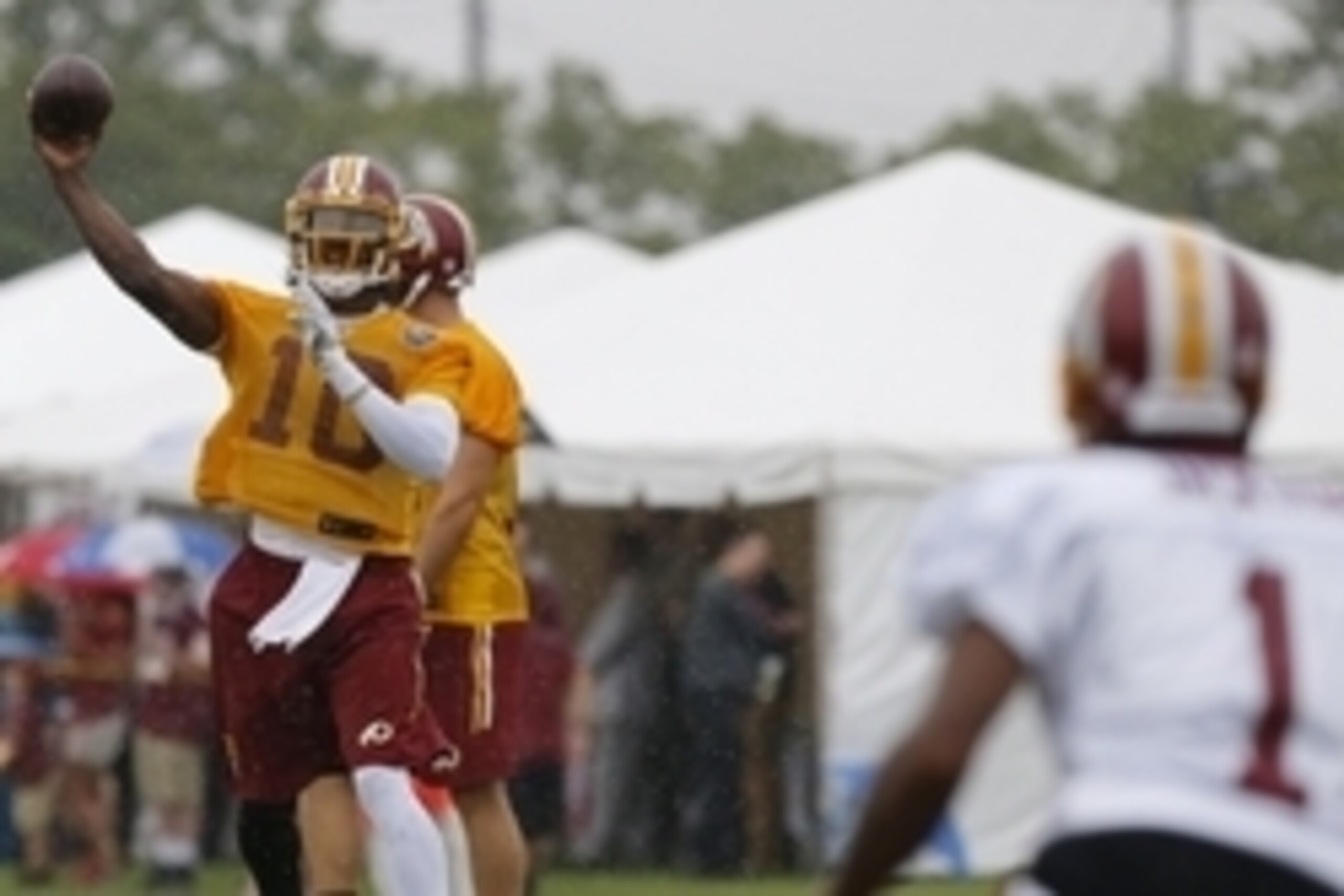Jul 24, 2014; Richmond, VA, USA; Washington Redskins quarterback Robert Griffin III (10) throws the ball to Redskins wide receiver DeSean Jackson (1) during the first day of training camp at Bon Secours Washington Redskins Training Center. Mandatory Credi