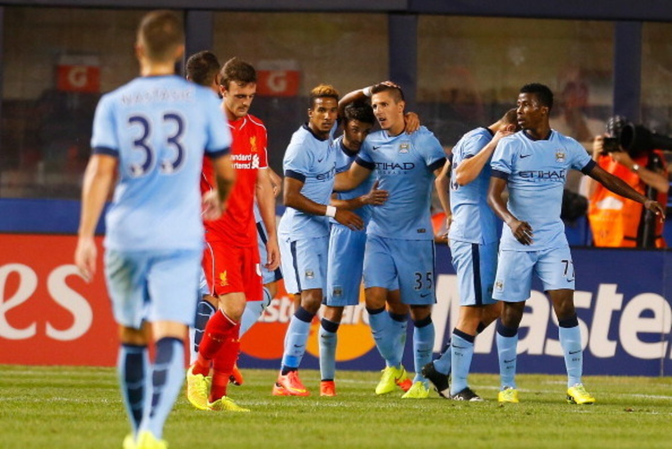 NEW YORK, NY - JULY 30:  Stevan Jovetic #35 of Manchester City celebrates scoring a goal in the 67th minute against Liverpool during the  International Champions Cup 2014 at Yankee Stadium on July 30, 2014 in the Bronx borough of New York City.  (Photo by