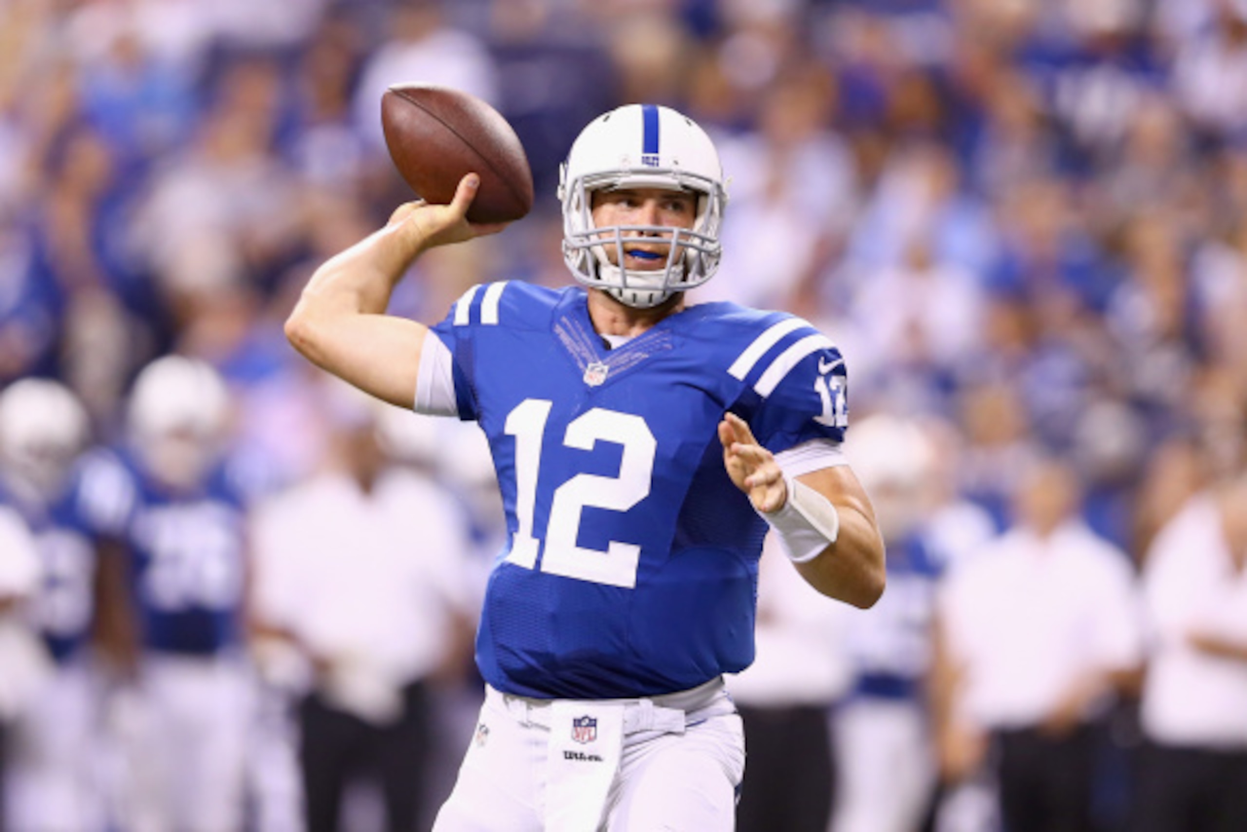 INDIANAPOLIS, IN - AUGUST 23:  Andrew Luck #12 of the Indianapolis Colts throws a pass against the New Orleans Saints during the exhibition game at Lucas Oil Stadium on August 23, 2014 in Indianapolis, Indiana.  (Photo by Andy Lyons/Getty Images)