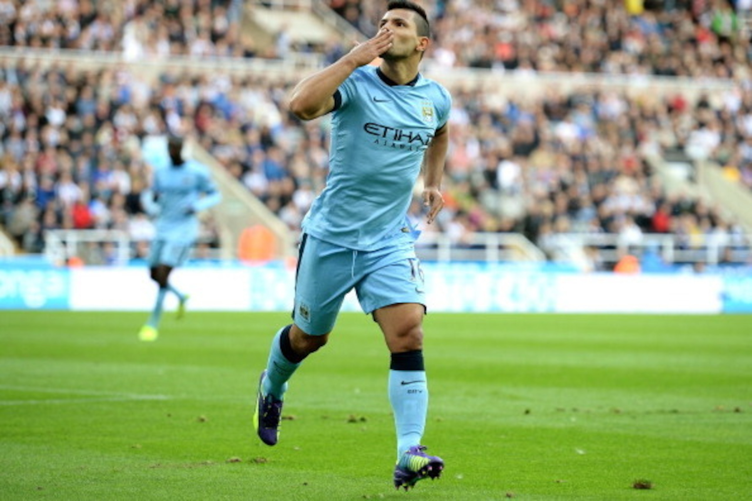 NEWCASTLE UPON TYNE, ENGLAND - AUGUST 17:  Sergio Aguero of Manchester City celebrates after scoring his team's second goal during the Barclays Premier League match between Newcastle United and Manchester City at St James' Park on August 17, 2014 in Newca