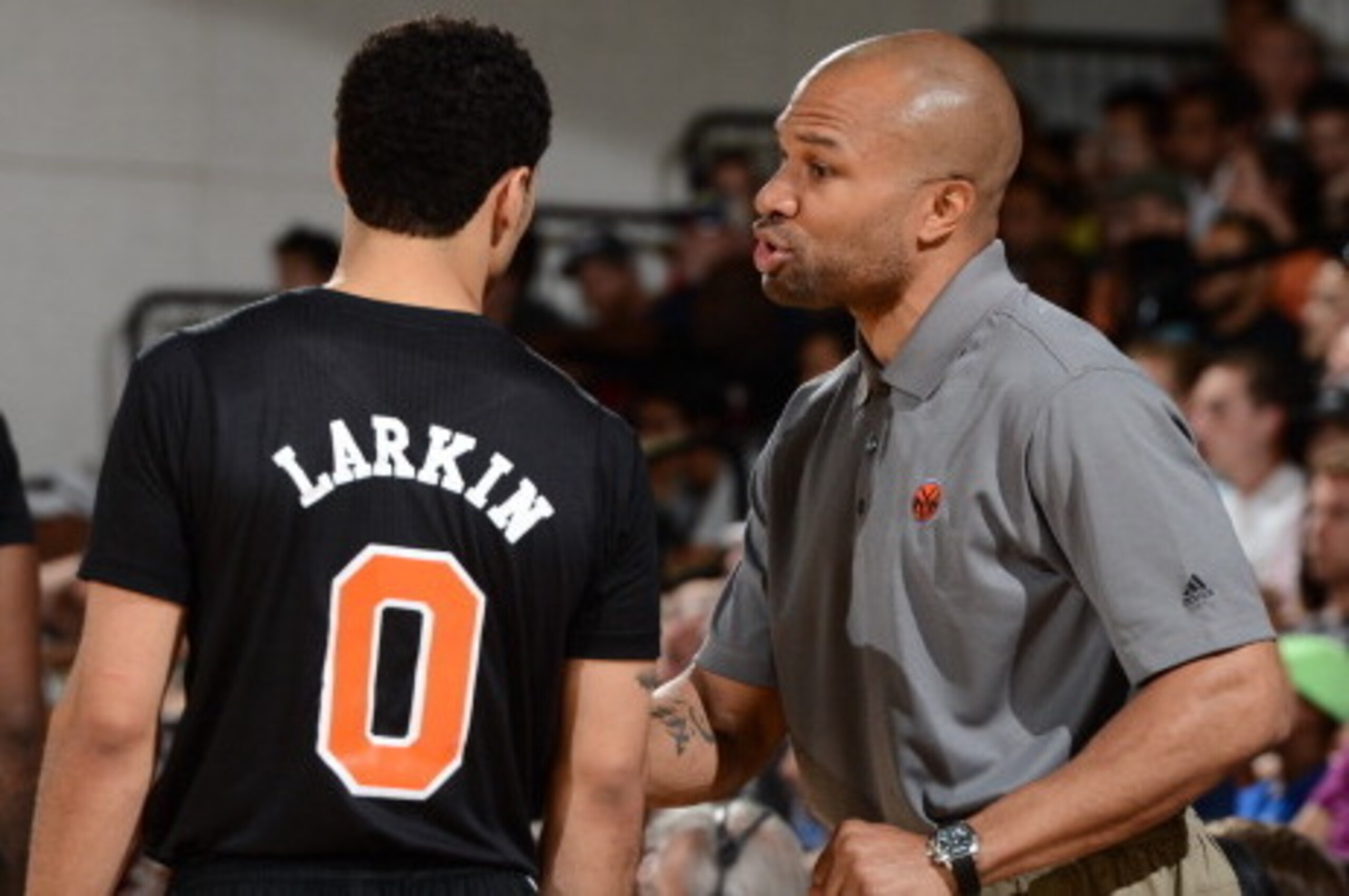 LAS VEGAS, NV - JULY 11: Head coach Derek Fisher of the New York Knicks speaks with Shane Larkin #0 against the Dallas Mavericks at the Samsung NBA Summer League 2014 on July 11, 2014 at the Cox Pavilion in Las Vegas, Nevada. NOTE TO USER: User expressly LAS VEGAS, NV - JULY 11: Head coach Derek Fisher of the New York Knicks speaks with Shane Larkin #0 against the Dallas Mavericks at the Samsung NBA Summer League 2014 on July 11, 2014 at the Cox Pavilion in Las Vegas, Nevada. NOTE TO USER: User expressly