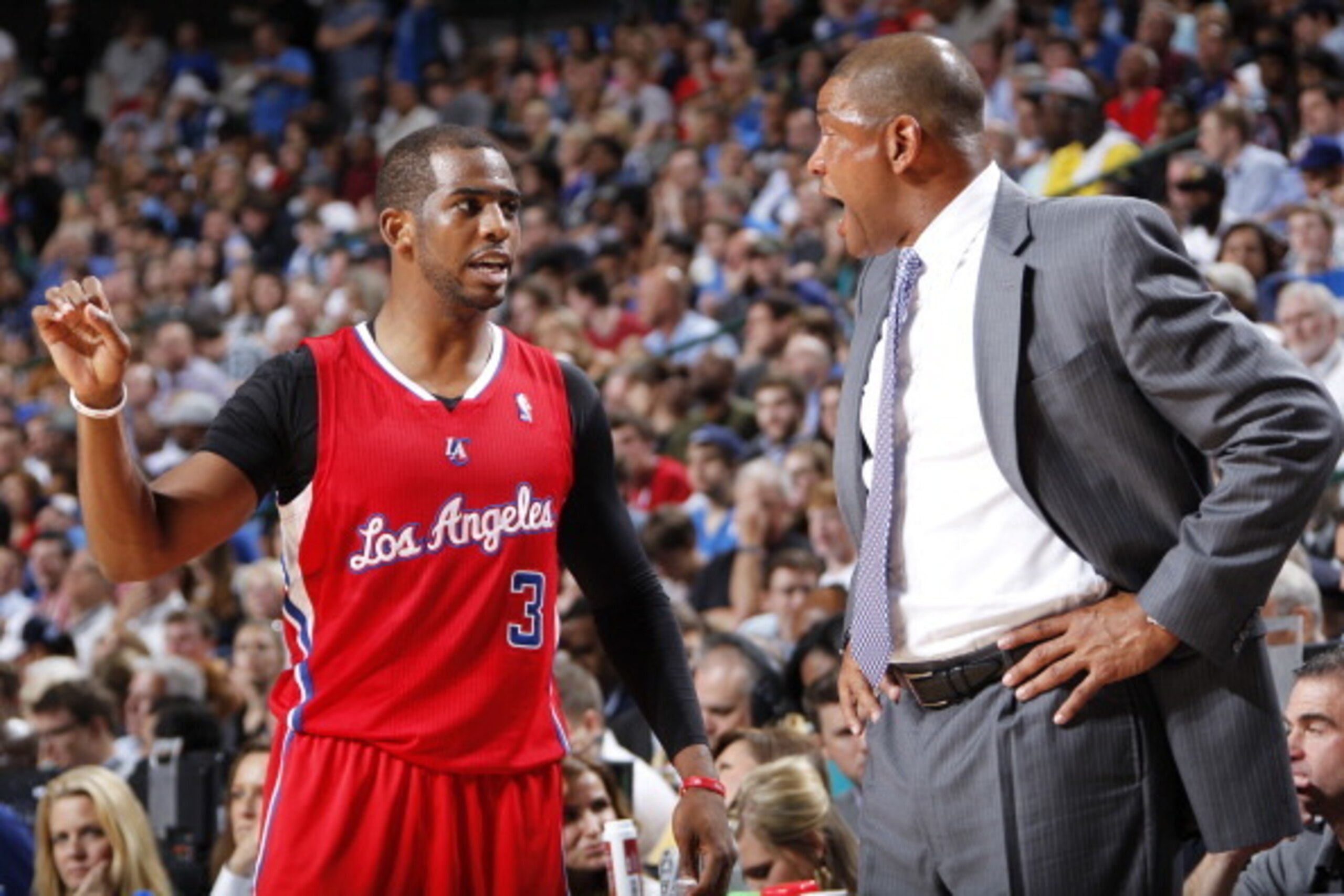 DALLAS, TX - MARCH 27: Chris Paul #3 and head coach Doc Rivers of the Los Angeles Clippers talk during the game against the Dallas Mavericks on March 27, 2014 at the American Airlines Center in Dallas, Texas. NOTE TO USER: User expressly acknowledges and DALLAS, TX - MARCH 27: Chris Paul #3 and head coach Doc Rivers of the Los Angeles Clippers talk during the game against the Dallas Mavericks on March 27, 2014 at the American Airlines Center in Dallas, Texas. NOTE TO USER: User expressly acknowledges and