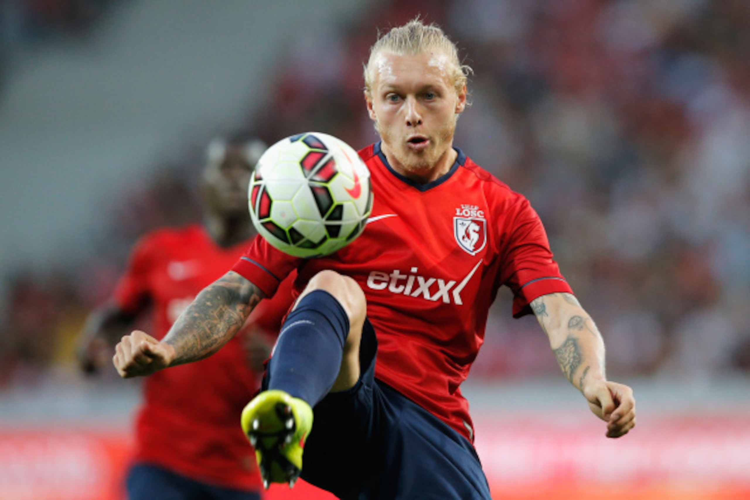 LILLE, FRANCE - AUGUST 05:  Simon Kjaer of Lille in action during the UEFA Champions League third qualifying round 2nd leg match between LOSC Lille and Grasshopper Club Zurich at the Stade Pierre-Mauroy on August 5, 2014 in Lille, France.  (Photo by Dean 