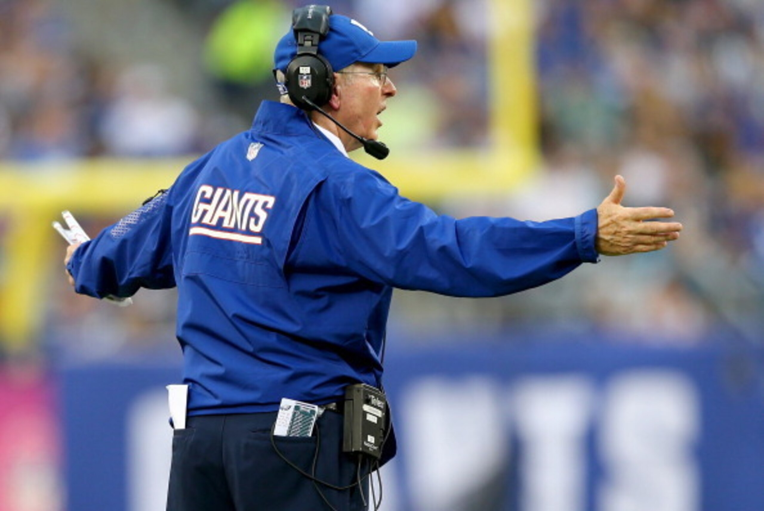 EAST RUTHERFORD, NJ - OCTOBER 06: Head coach Tom Coughlin of the New York Giants reacts to a call in the third quarter against the Philadelphia Eagles at MetLife Stadium on October 6, 2013 in East Rutherford, New Jersey.The Philadelphia Eagles defeated th
