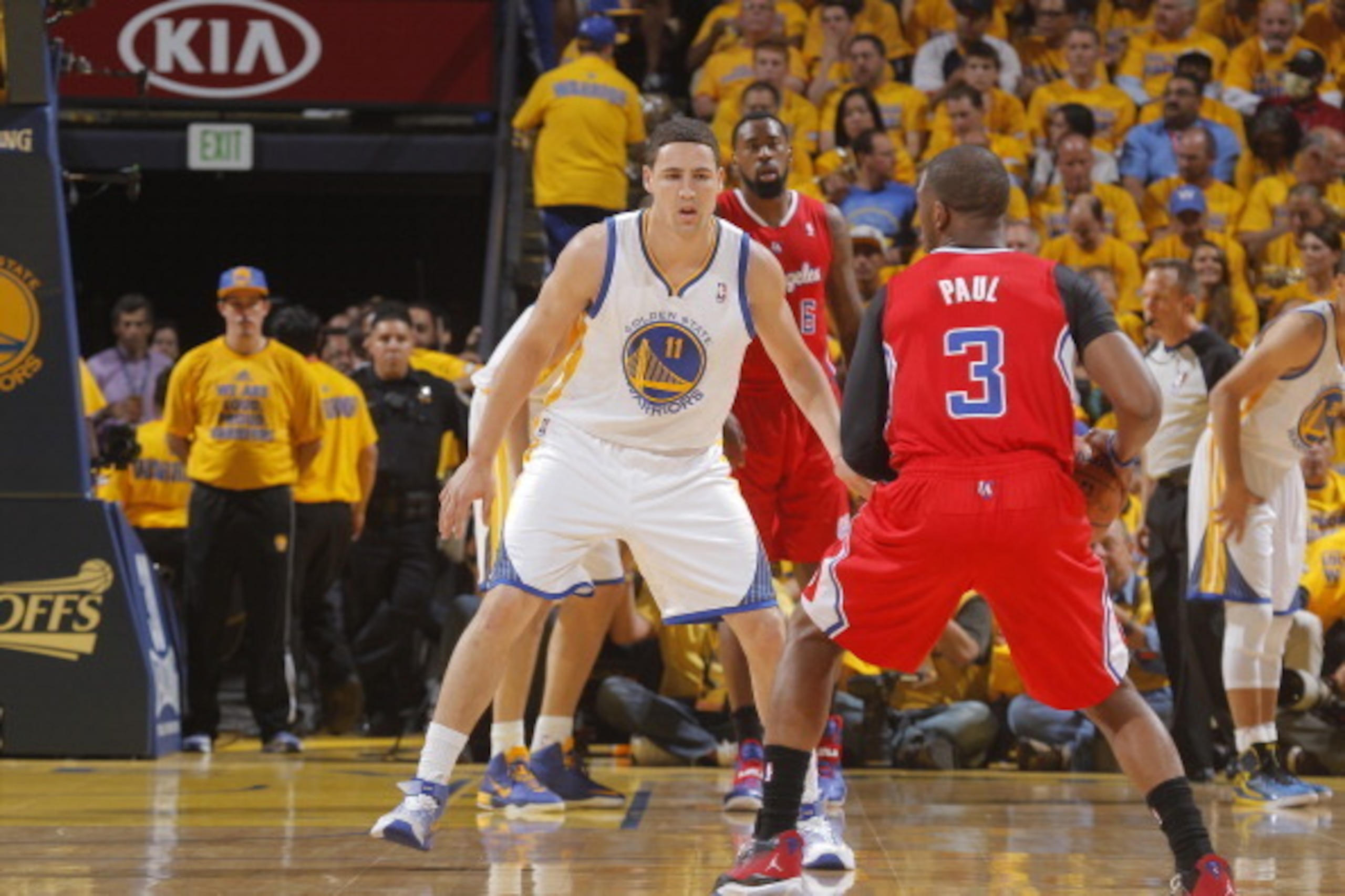 OAKLAND, CA - MAY 1: Klay Thompson #11 of the Golden State Warriors defends Chris Paul #3 of the Los Angeles Clippers in Game Six of the Western Conference Quarterfinals during the 2014 NBA Playoffs at Oracle Arena on May 1, 2014 in Oakland, California. N