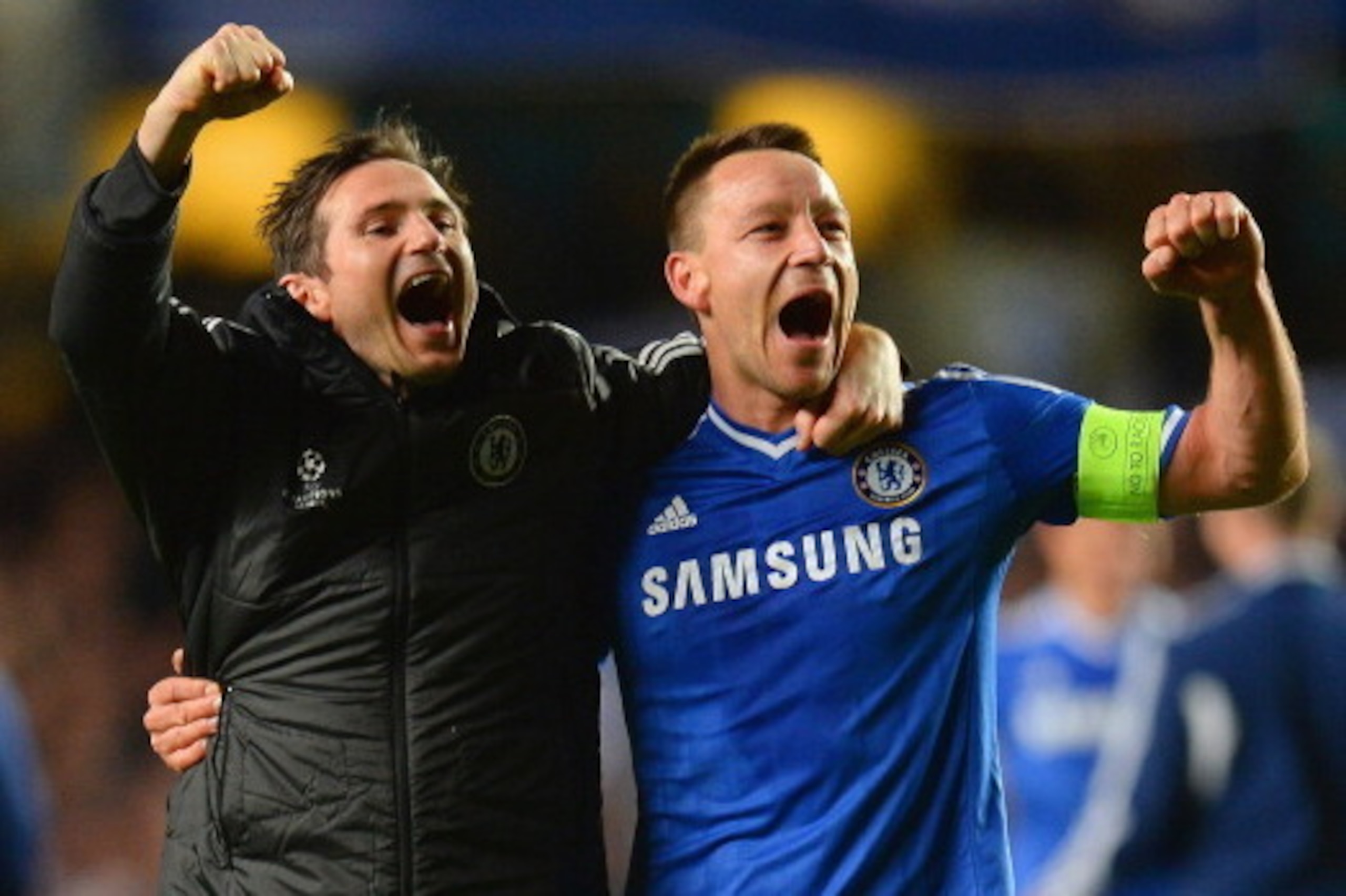 LONDON, ENGLAND - APRIL 08: Frank Lampard and John Terry of Chelsea celebrate victory during the UEFA Champions League Quarter Final second leg match between Chelsea and Paris Saint-Germain FC at Stamford Bridge on April 8, 2014 in London, England.  (Phot