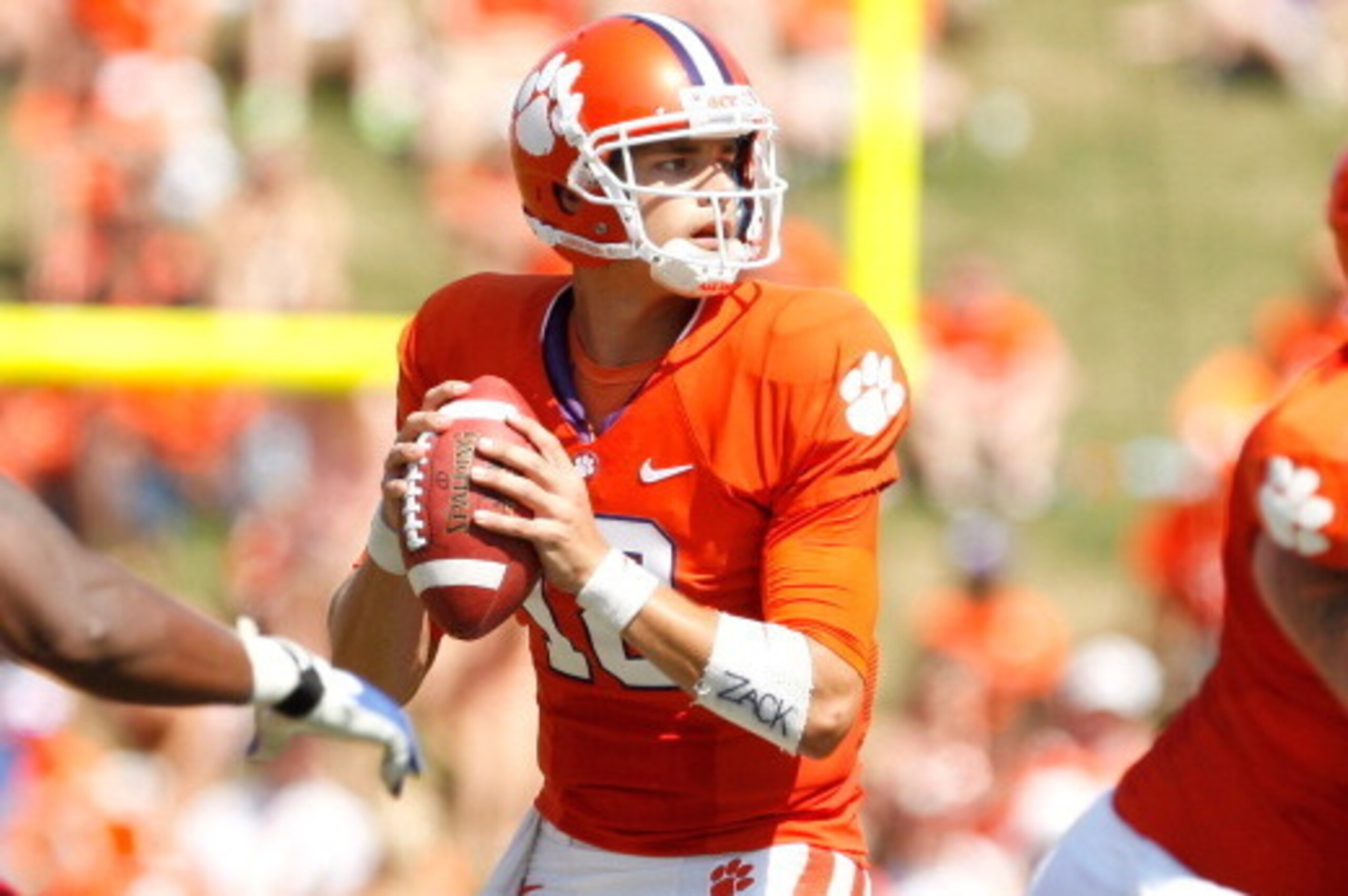 CLEMSON, SC - SEPTEMBER 7: Cole Stoudt #18 of the Clemson Tigers drops back for a pass during the game against the South Carolina State Bulldogs at Memorial Stadium on September 7, 2013 in Clemson, South Carolina. (Photo by Tyler Smith/Getty Images)