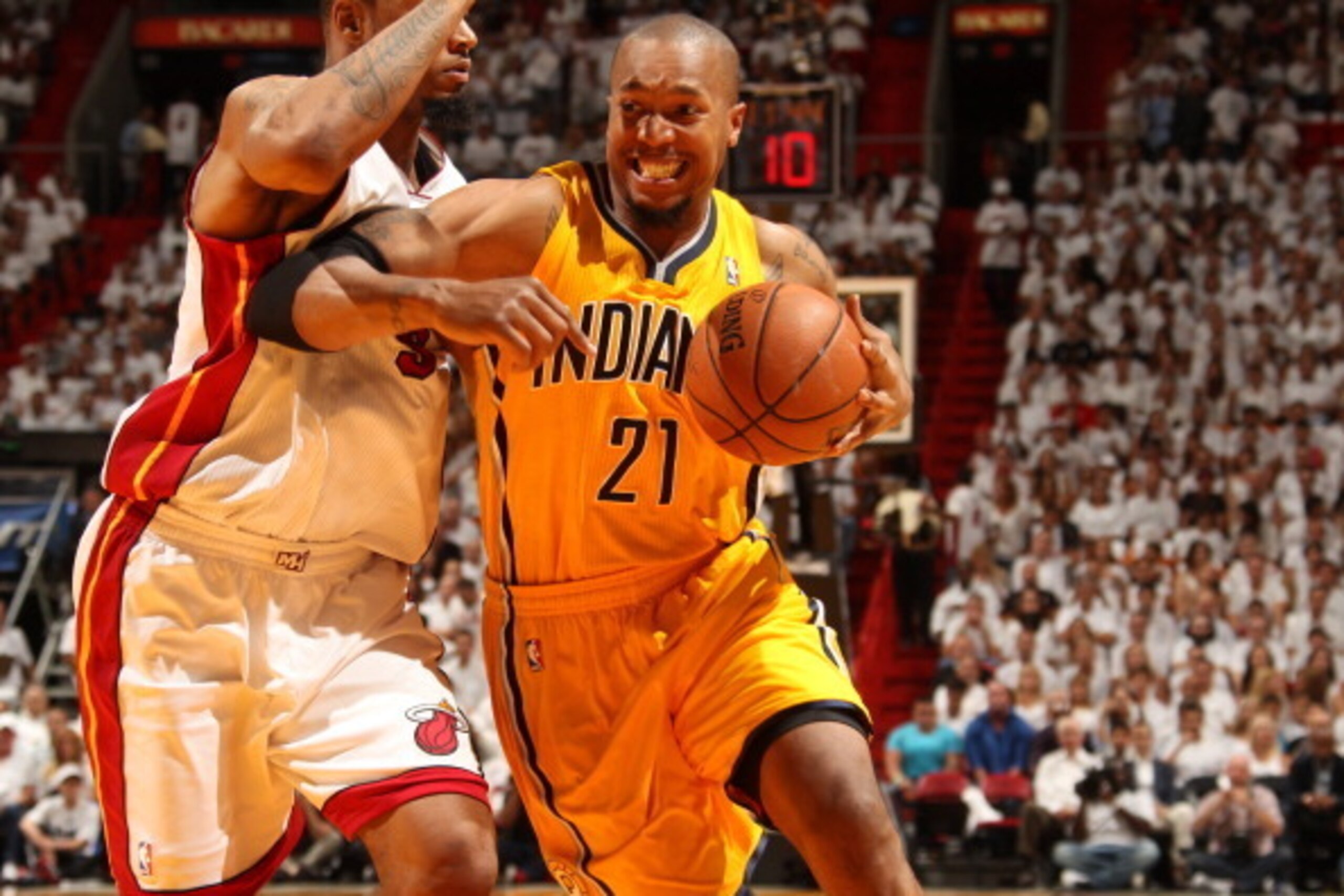 MIAMI, FL - MAY 30: David West #21 of the Indiana Pacers drives against the Miami Heat in Game Six of the Eastern Conference Finals during the 2014 NBA Playoffs on May 30, 2014 in Miami, Fl. NOTE TO USER: User expressly acknowledges and agrees that, by do