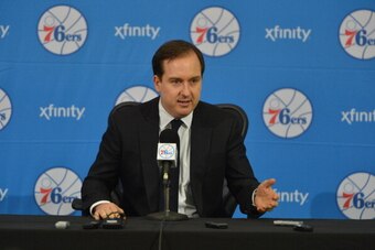 PHILADELPHIA, PA - JUNE 27: Sam Hinkie, President of Basketball Operations and General Manager of the Philadelphia 76ers, speaks with the media during a press conference on June 27, 2014 at the Philadelphia College of Osteopathic Medicine in Philadelphia,