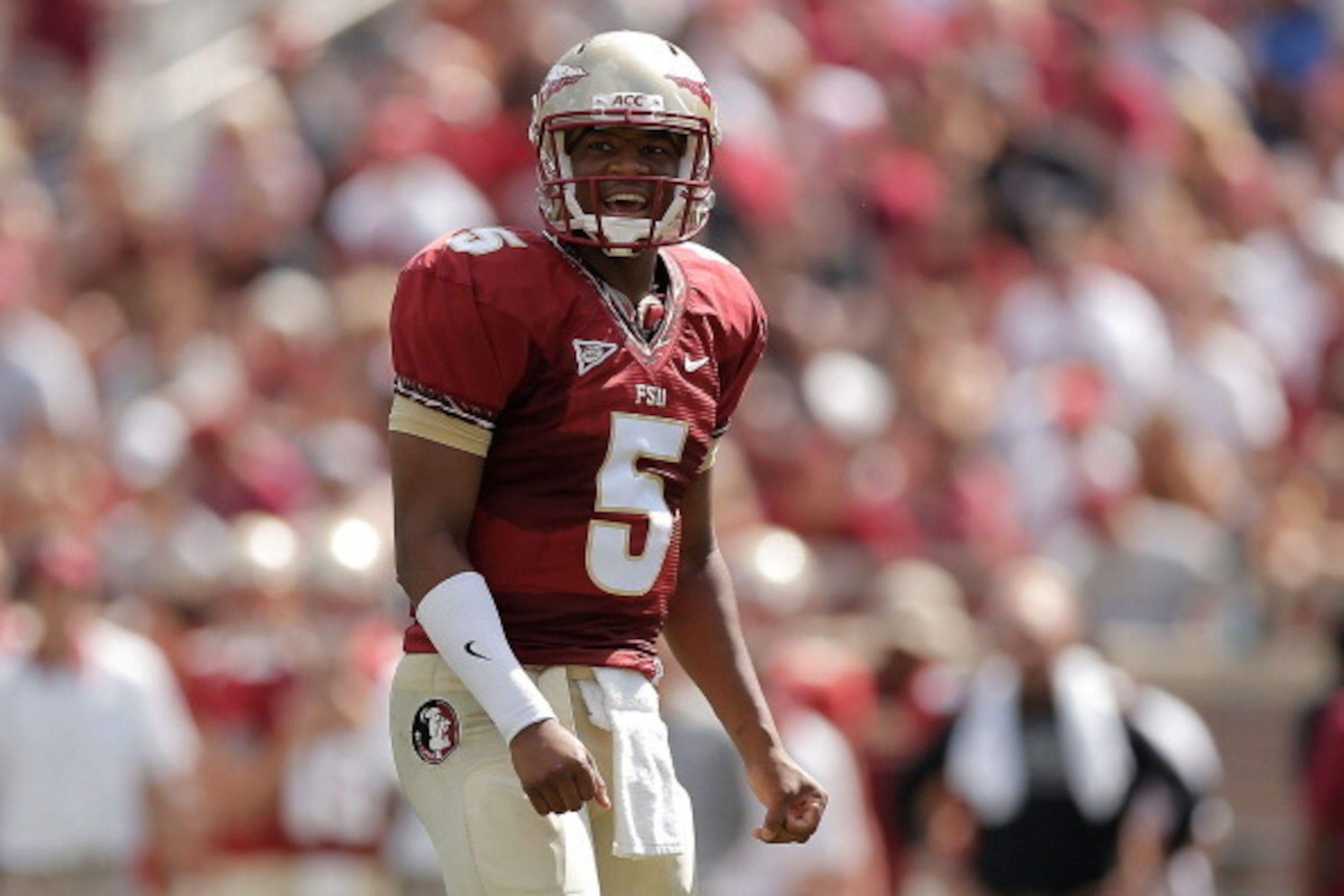 TALLAHASSEE, FL - APRIL 12:  Jameis Winston #5 of the Garnet team reacts to a pass against the Gold team during Florida State's Garnet and Gold spring game at Doak Campbell Stadium on April 12, 2014 in Tallahassee, Florida.  (Photo by Stacy Revere/Getty I