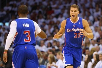 OKLAHOMA CITY, OK - MAY 13:  Chris Paul #3 reacts with Blake Griffin #32 of the Los Angeles Clippers against the Oklahoma City Thunder in Game Five of the Western Conference Semifinals during the 2014 NBA Playoffs at Chesapeake Energy Arena on May 13, 201