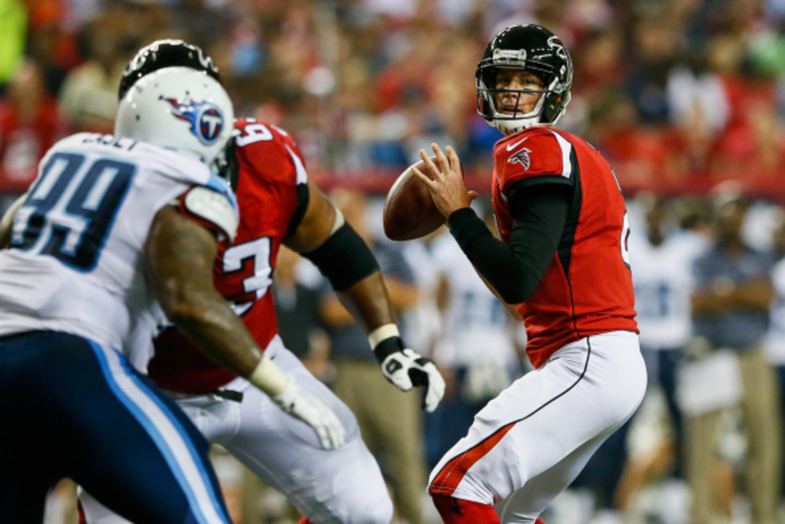 ATLANTA, GA - AUGUST 23:  Matt Ryan #2 of the Atlanta Falcons drops back to pass in the first half of a preseason game against the Tennessee Titans at the Georgia Dome on August 23, 2014 in Atlanta, Georgia.  (Photo by Kevin C. Cox/Getty Images)