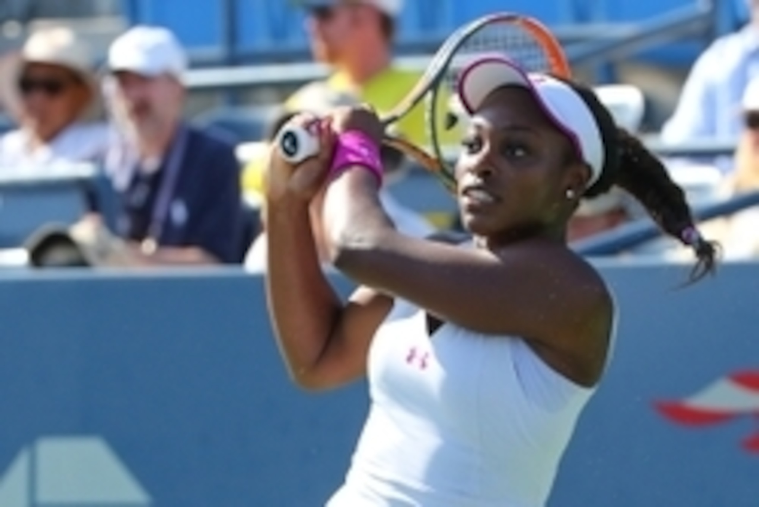 Aug 25, 2014; New York, NY, USA;  Sloane Stephens (USA) returns a shot to Annika Beck (GER) on Armstrong Stadium on day one of the 2014 U.S. Open tennis tournament at USTA Billie Jean King National Tennis Center. Mandatory Credit: Anthony Gruppuso-USA TOD