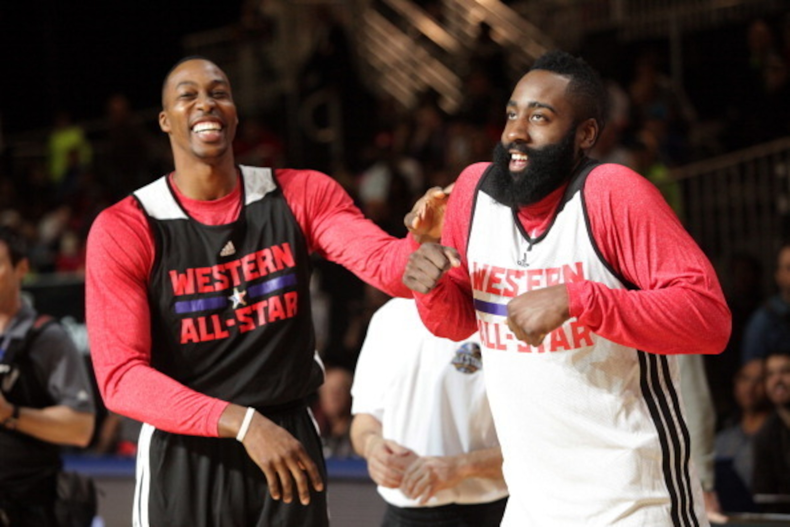 NEW ORLEANS, LA - FEBRUARY 15: Dwight Howard and James Harden of the Western Conference All-Stars laugh during NBA All-Star Practice at Sprint Arena as part of 2014 NBA All-Star Weekend at the Ernest N. Morial Convention Center on February 15, 2014 in New