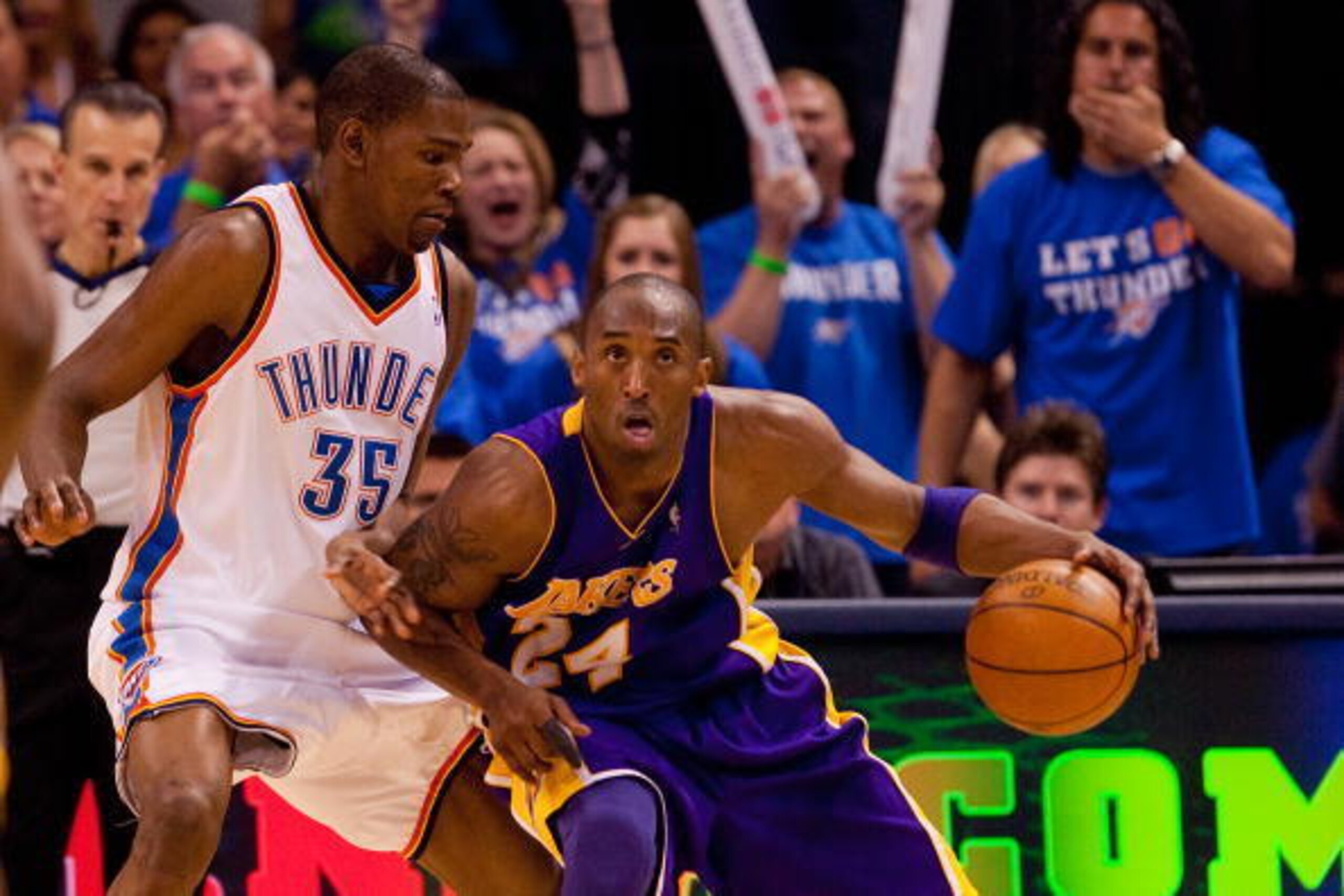 OKLAHOMA CITY - APRIL 30: Kobe Bryant #24 of the Los Angeles Lakers looks to get past Kevin Durant #35 of the Oklahoma City Thunder during Game Six of the Western Conference Quarterfinals of the 2010 NBA Playoffs on April 30, 2010 at the Ford Center in Ok OKLAHOMA CITY - APRIL 30: Kobe Bryant #24 of the Los Angeles Lakers looks to get past Kevin Durant #35 of the Oklahoma City Thunder during Game Six of the Western Conference Quarterfinals of the 2010 NBA Playoffs on April 30, 2010 at the Ford Center in Ok