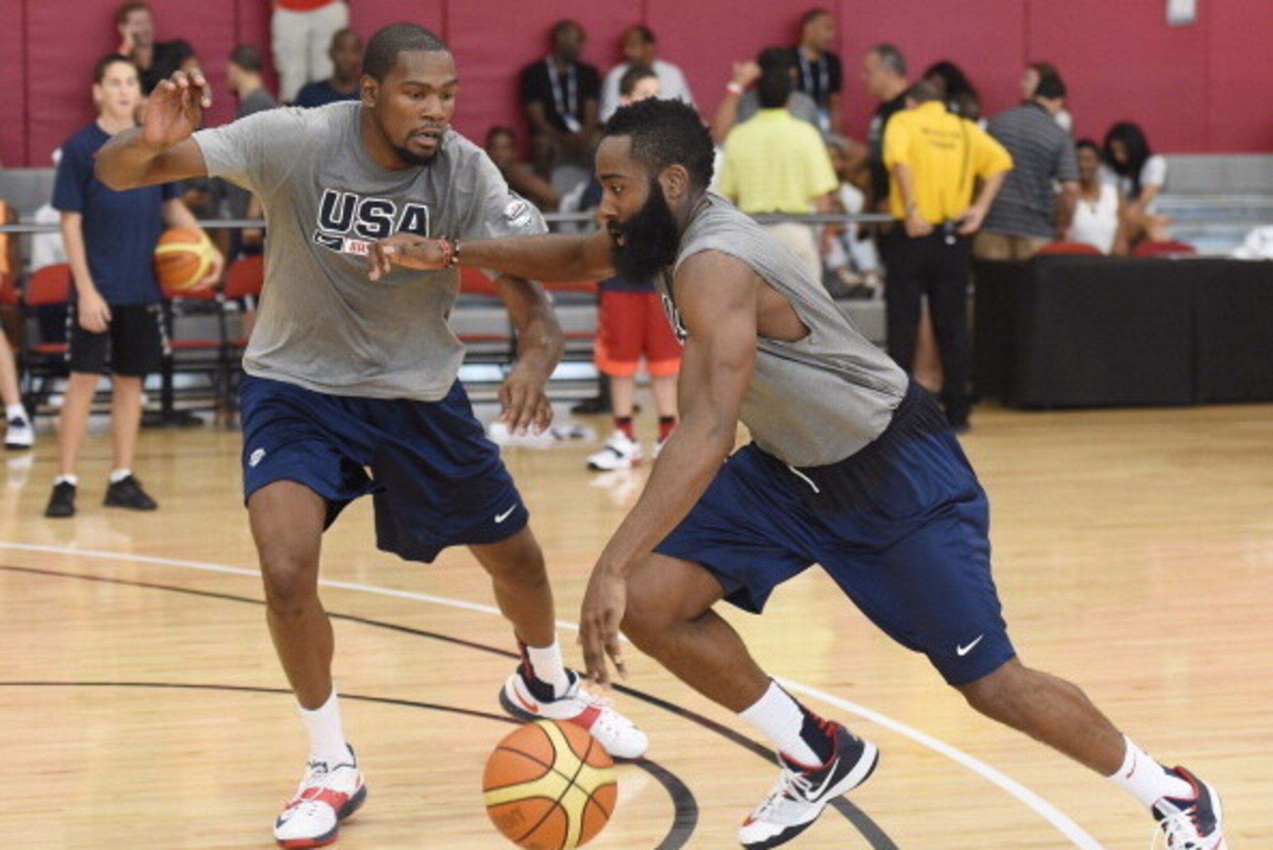 LAS VEGAS, NV - JULY 30: James Harden #32 (R) of the 2014 USA Basketball Men's National Team drives against Kevin Durant #52 of the 2014 USA Basketball Men's National Team during a practice session at the Mendenhall Center on July 30, 2014 in Las Vegas, LAS VEGAS, NV - JULY 30: James Harden #32 (R) of the 2014 USA Basketball Men's National Team drives against Kevin Durant #52 of the 2014 USA Basketball Men's National Team during a practice session at the Mendenhall Center on July 30, 2014 in Las Vegas,