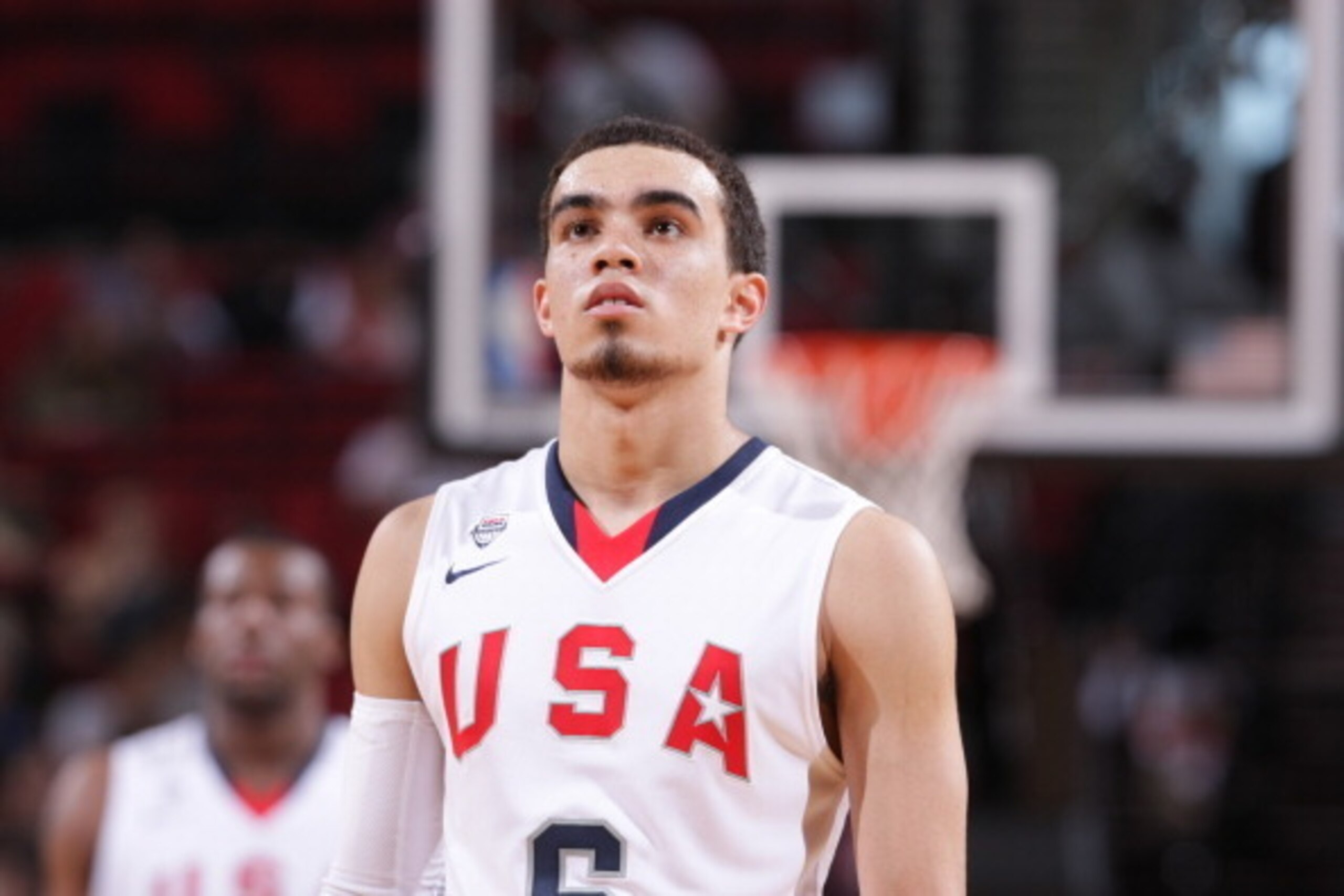 PORTLAND, OR - APRIL 12:  Tyus Jones #6 of Team USA walks up court against the World Team on April 12, 2014 at the Moda Center Arena in Portland, Oregon. NOTE TO USER: User expressly acknowledges and agrees that, by downloading and or using this photograp