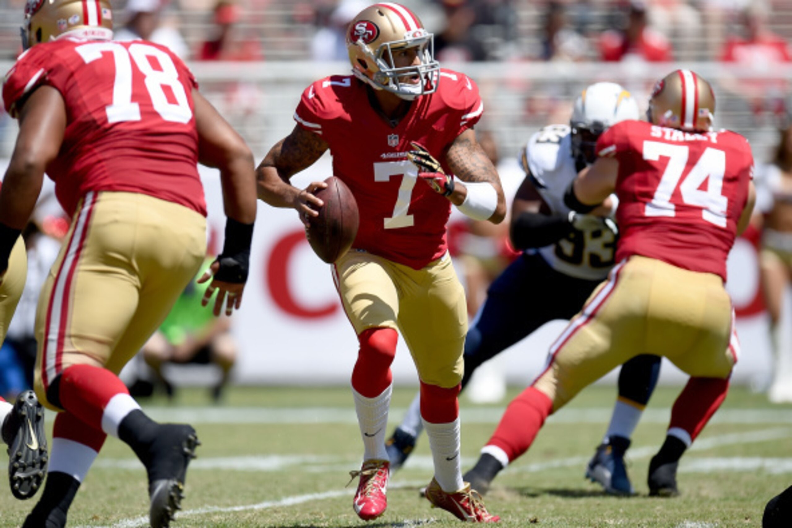 SANTA CLARA, CA - AUGUST 24:  Quarterback Colin Kaepernick #7 of the San Francisco 49ers looks to pass during the preseason game against the San Diego Chargers at Levi's Stadium on August 24, 2014 in Santa Clara, California.  (Photo by Thearon W. Henderso