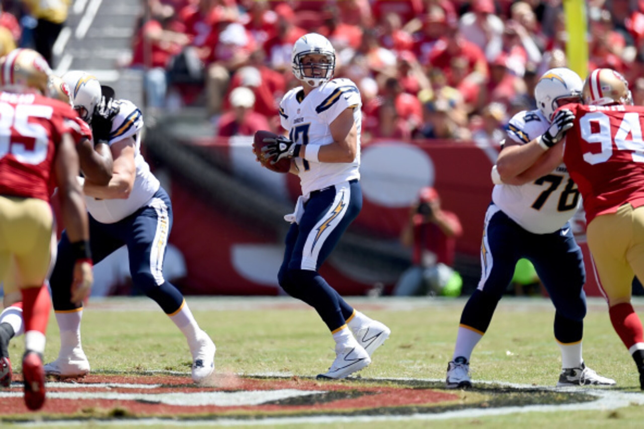 SANTA CLARA, CA - AUGUST 24:  Quarterback Philip Rivers #17 of the San Diego Chargers looks to pass during the first quarter of their preseason game against the San Francisco 49ers at Levi's Stadium on August 24, 2014 in Santa Clara, California.  (Photo b