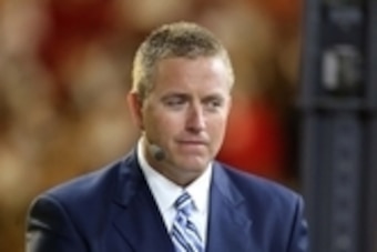 Jan 7, 2013; Miami, FL, USA; ESPN reporter Kirk Herbstreit on set before the 2013 BCS Championship game between the Notre Dame Fighting Irish and the Alabama Crimson Tide at Sun Life Stadium.  Mandatory Credit: Matthew Emmons-USA TODAY Sports