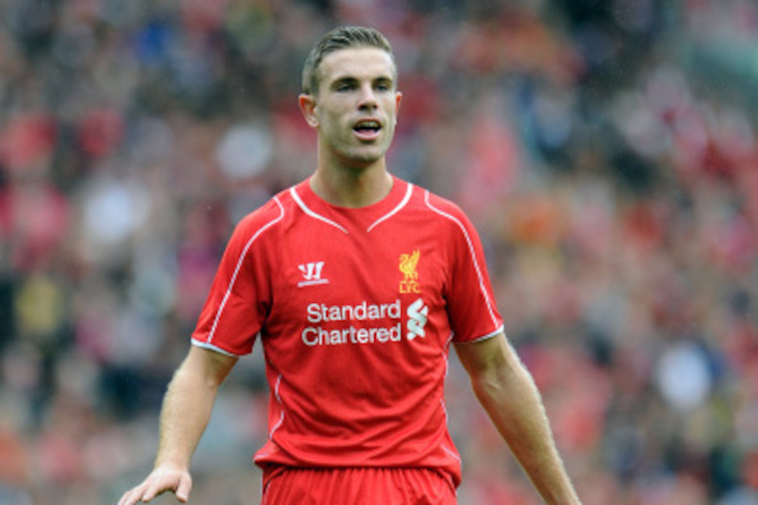 LIVERPOOL, ENGLAND - AUGUST 10:  Jordan Henderson of Liverpool during the Pre Season Friendly match between Liverpool and Borussia Dortmund at Anfield on August 10, 2014 in Liverpool, England. (Photo by Clint Hughes/Getty Images)