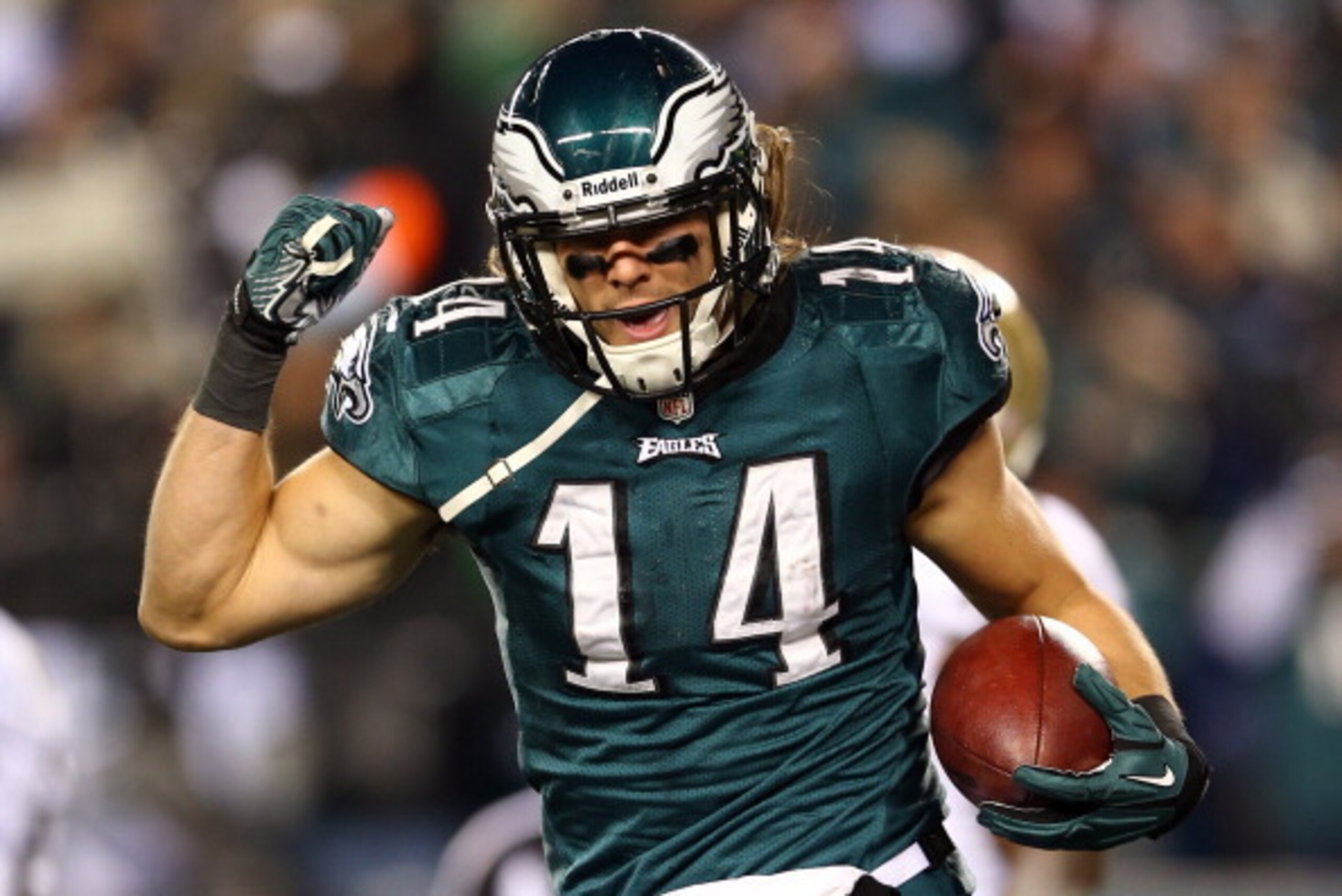 PHILADELPHIA, PA - JANUARY 04:  Riley Cooper #14 of the Philadelphia Eagles celebrates after scoing a 10 yard touchdown thrown by Nick Foles #9 in the second quarter against the New Orleans Saints during their NFC Wild Card Playoff game at Lincoln Financi