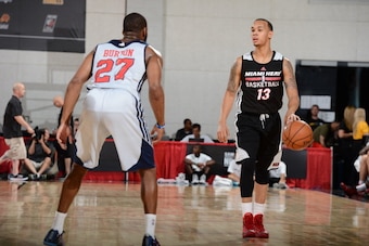 LAS VEGAS, NV - JULY 17:  Shabazz Napier #13 of the Miami Heat handles the ball against the Washington Wizards on July 17, 2014 at the Thomas and Mack Center in Las Vegas, Nevada. NOTE TO USER: User expressly acknowledges and agrees that, by downloading a