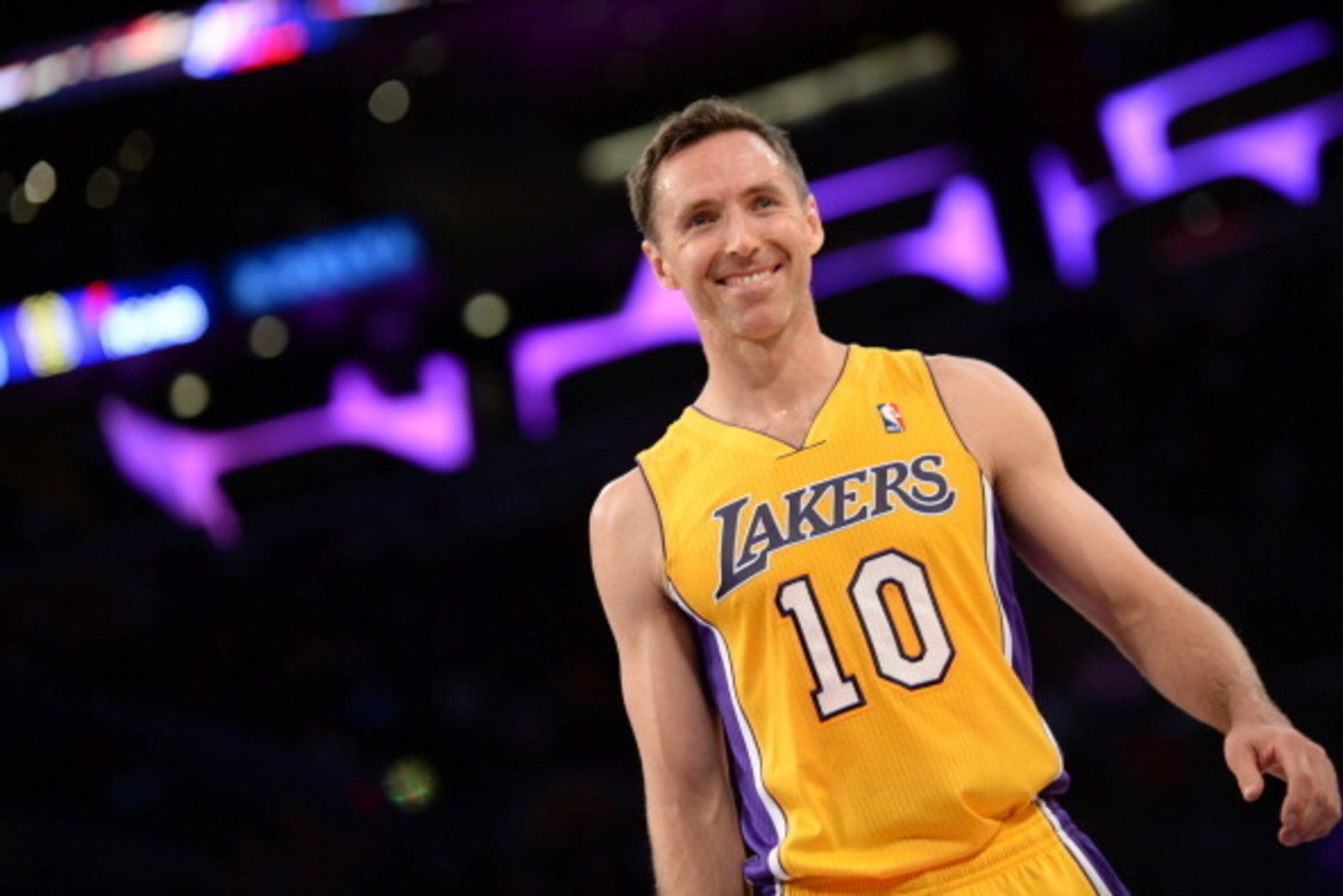 LOS ANGELES, CA - APRIL 1: Steve Nash #10 of the Los Angeles Lakers smiles during a game against the Portland Trail Blazers at Staples Center on April 1, 2014 in Los Angeles, California. NOTE TO USER: User expressly acknowledges and agrees that, by downlo