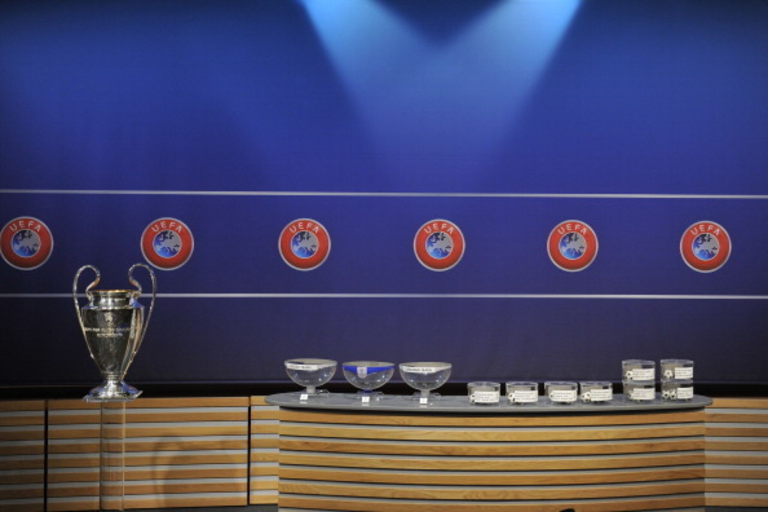 NYON, SWITZERLAND - JULY 18:  The UEFA Champions League trophy and draw are prepared for the UEFA 2014/15 Champions League third qualifying rounds draw at the UEFA headquarters, The House of European Football, on July 18, 2014 in Nyon, Switzerland.  (Phot