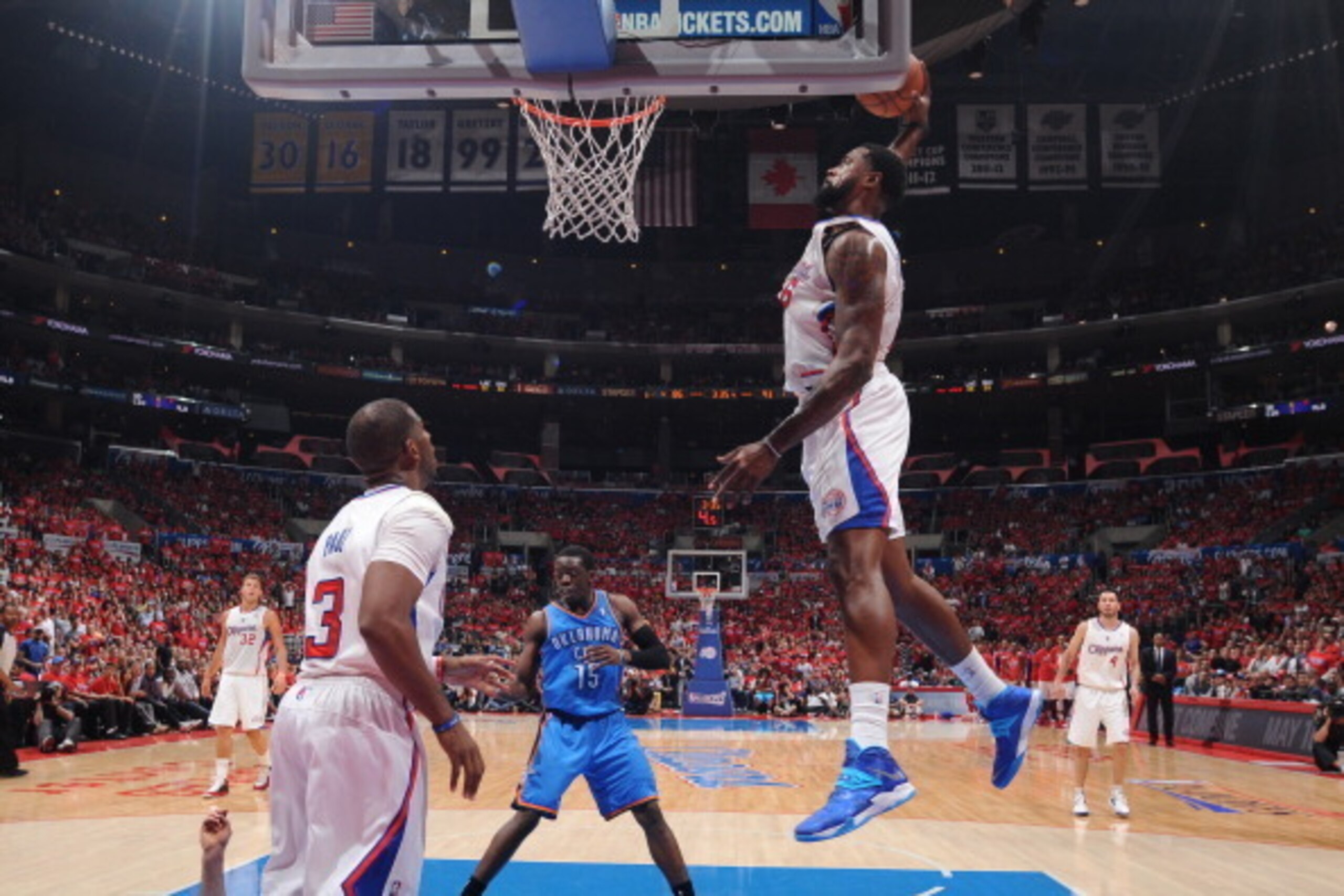 LOS ANGELES, CA - MAY 15:  DeAndre Jordan #6 of the Los Angeles Clippers dunks the ball against the Oklahoma City Thunder in Game Six of the Western Conference Semifinals during the 2014 NBA Playoffs at Staples Center on May 15, 2014 in Los Angeles, Calif
