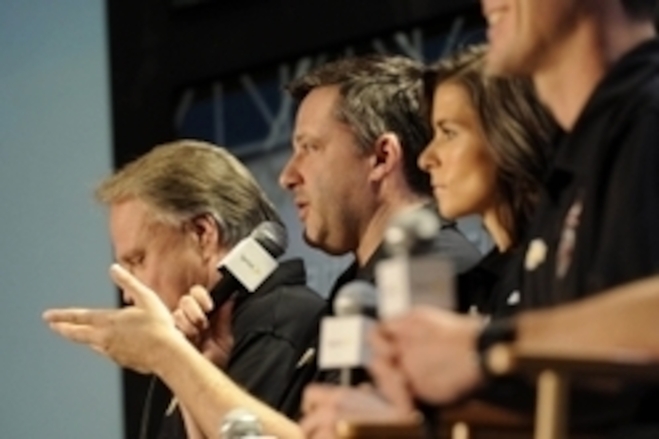 Jan 27, 2014; Charlotte, NC, USA; NASCAR Sprint Cup Series driver Tony Stewart (middle) addresses the media while sitting next to team co-owner Gene Haas (left) and teammates Danica Patrick (second from right) and Kevin Harvick (right) during the Sprint M Jan 27, 2014; Charlotte, NC, USA; NASCAR Sprint Cup Series driver Tony Stewart (middle) addresses the media while sitting next to team co-owner Gene Haas (left) and teammates Danica Patrick (second from right) and Kevin Harvick (right) during the Sprint M