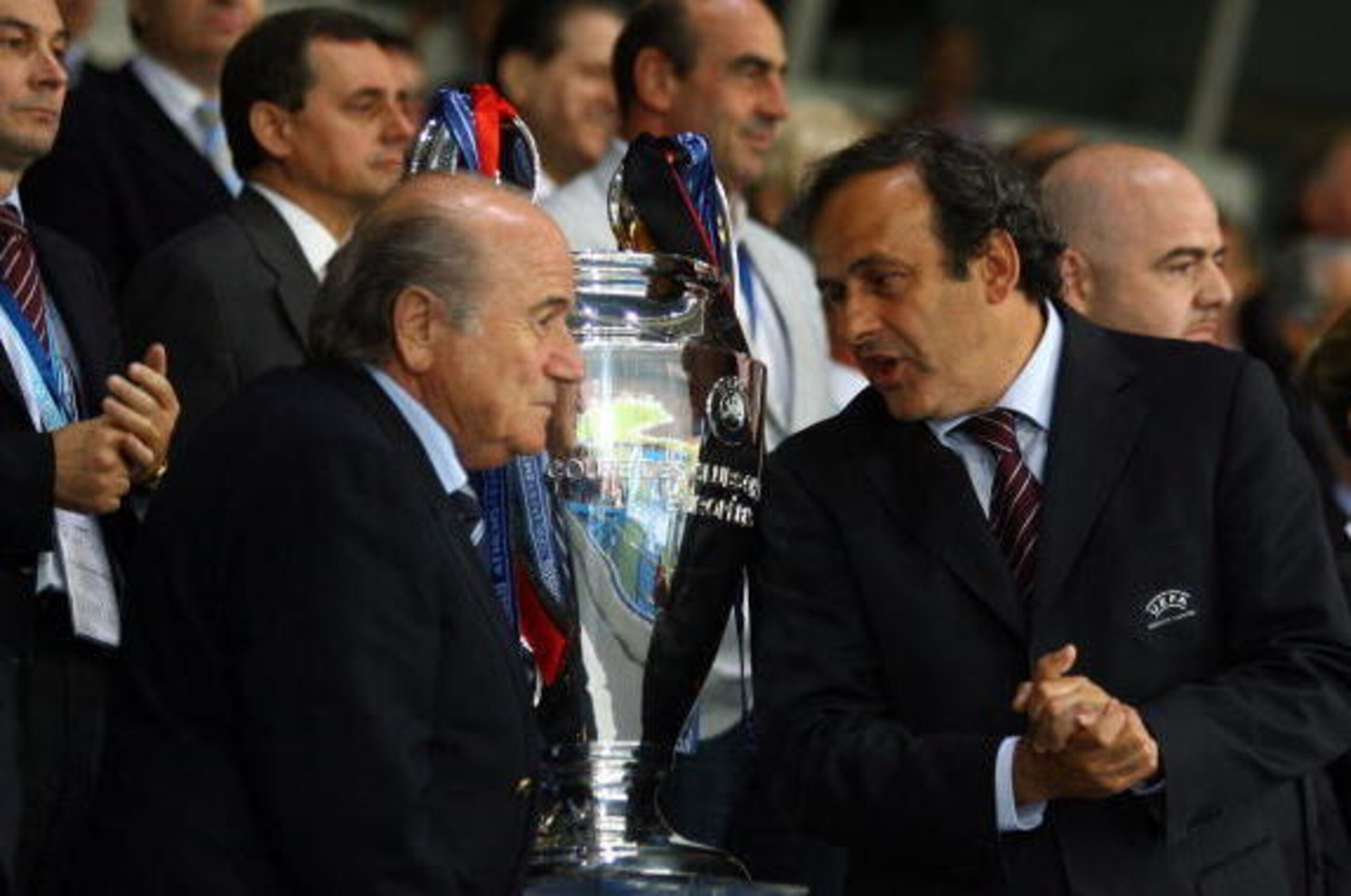 ATHENS, GREECE - MAY 23:  Sepp Blatter (L) the FIFA president speaks with Michel Platini, the president of UEFA during the UEFA Champions League Final match between Liverpool and AC Milan at the Olympic Stadium on May 23, 2007 in Athens, Greece.  (Photo b