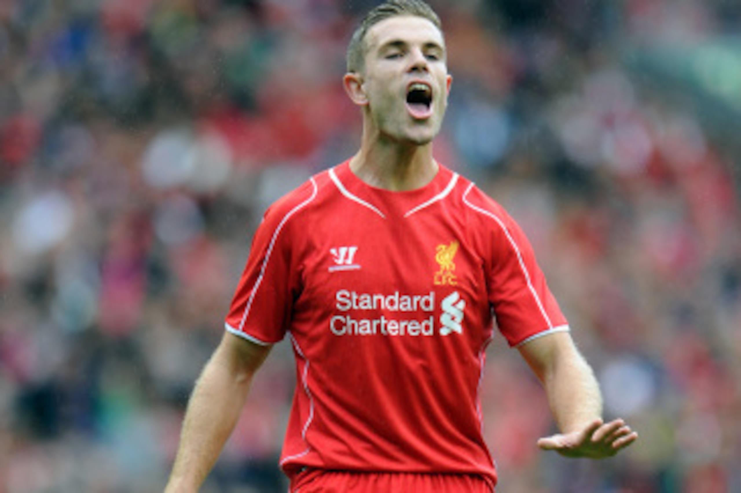 LIVERPOOL, ENGLAND - AUGUST 10: Jordan Henderson of Liverpool during the Pre Season Friendly match between Liverpool and Borussia Dortmund at Anfield on August 10, 2014 in Liverpool, England. (Photo by Clint Hughes/Getty Images) LIVERPOOL, ENGLAND - AUGUST 10: Jordan Henderson of Liverpool during the Pre Season Friendly match between Liverpool and Borussia Dortmund at Anfield on August 10, 2014 in Liverpool, England. (Photo by Clint Hughes/Getty Images)