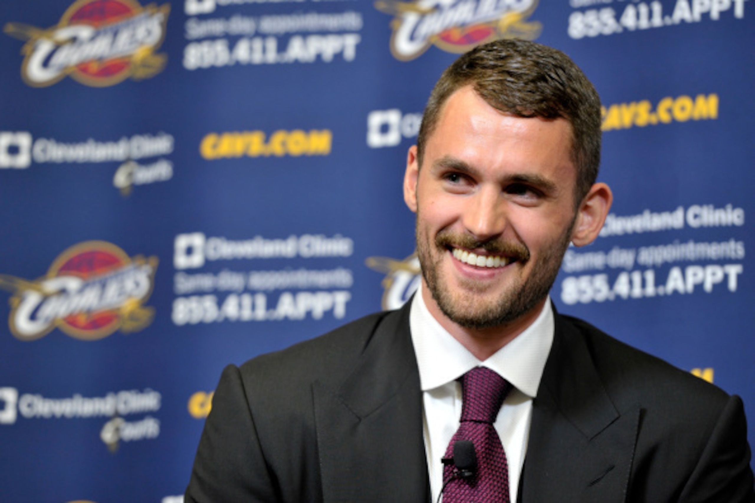 INDEPENDENCE, OH - AUGUST 26:  Kevin Love #0 of the Cleveland Cavaliers is introduced to the media at The Cleveland Clinic Courts on August 26, 2014 in Independence, Ohio in Cleveland, Ohio. NOTE TO USER: User expressly acknowledges and agrees that, by do