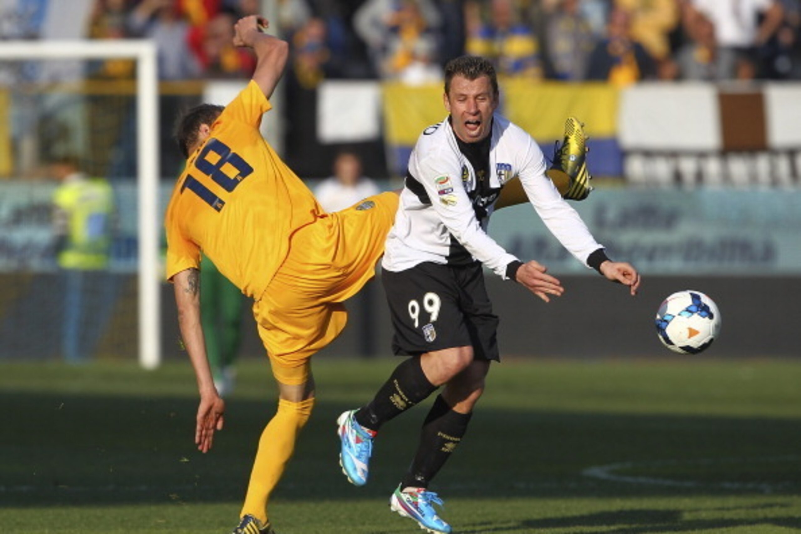 PARMA, ITALY - MARCH 09:  Antonio Cassano (R) of Parma FC competes for the ball with Vangelis Moras (L) of Hellas Verona FC during the Serie A match between Parma FC and Hellas Verona FC at Stadio Ennio Tardini on March 9, 2014 in Parma, Italy.  (Photo by