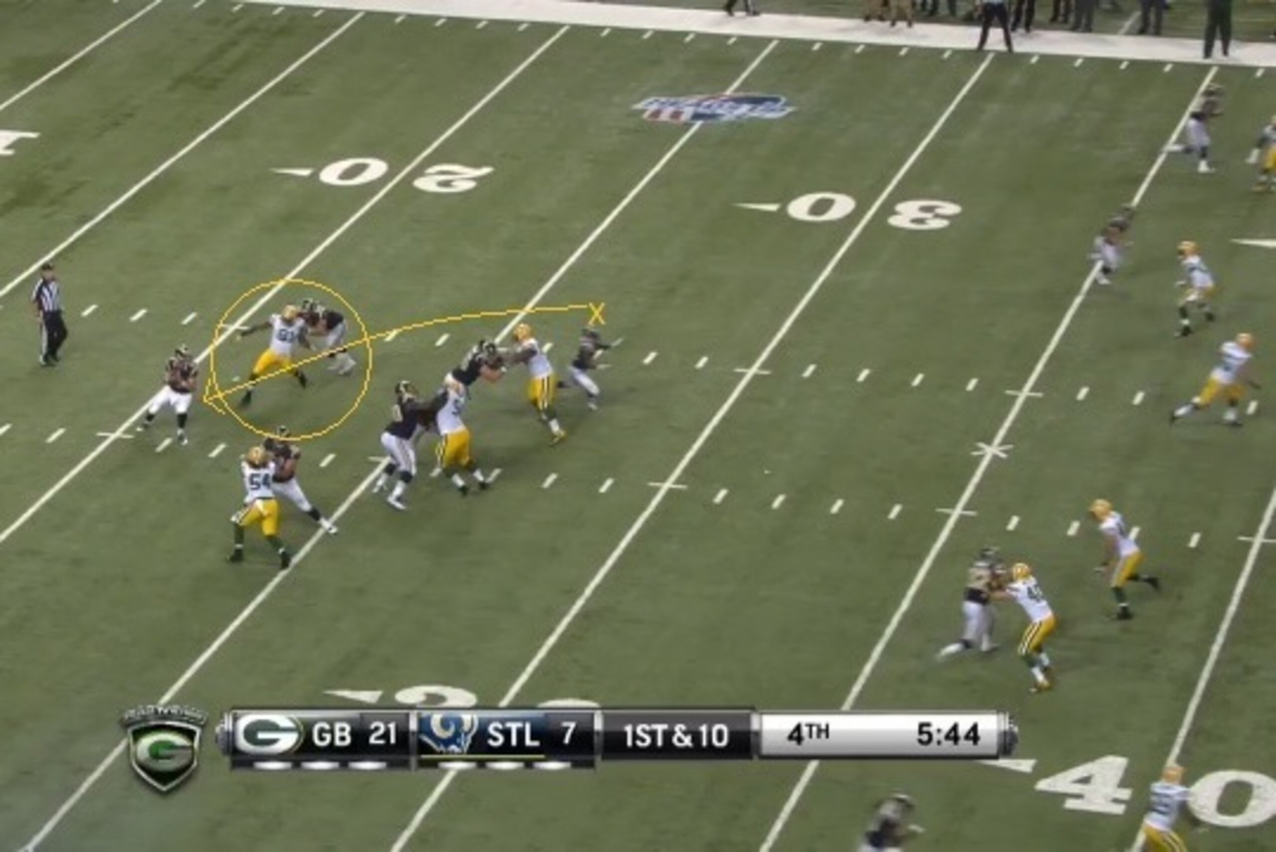 Jayrone Elliot easily sheds a block by Rams backup LT Sean Hooey and found his way to QB Austin Davis for three sacks in four plays.
