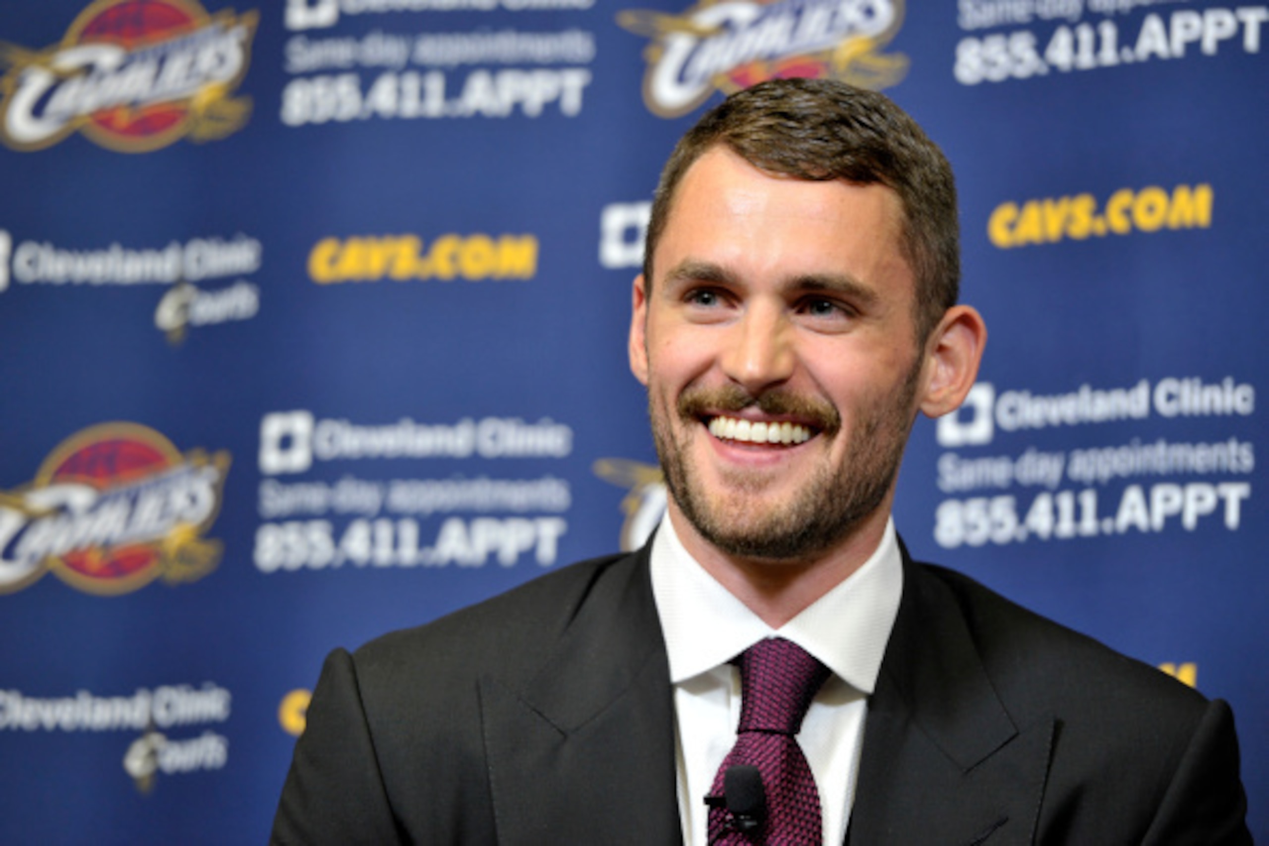 INDEPENDENCE, OH - AUGUST 26:  Kevin Love #0 of the Cleveland Cavaliers is introduced to the media at The Cleveland Clinic Courts on August 26, 2014 in Independence, Ohio in Cleveland, Ohio. NOTE TO USER: User expressly acknowledges and agrees that, by do